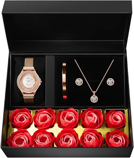 Rose Gold Women’s Jewelry Gift Set – Watch, Necklace, Earrings & Bracelet