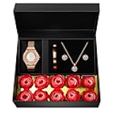 Watches Sets for Women, Rose Gold Watch Set Necklace Earring Bracelet 4 Pieces Jewelry Set for Mom Wife Girlfriend