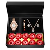 Watches Sets for Women&comma; Rose Gold Watch Set Necklace Earring Bracelet 4 Pieces Jewelry Set for Mom Wife Girlfriend