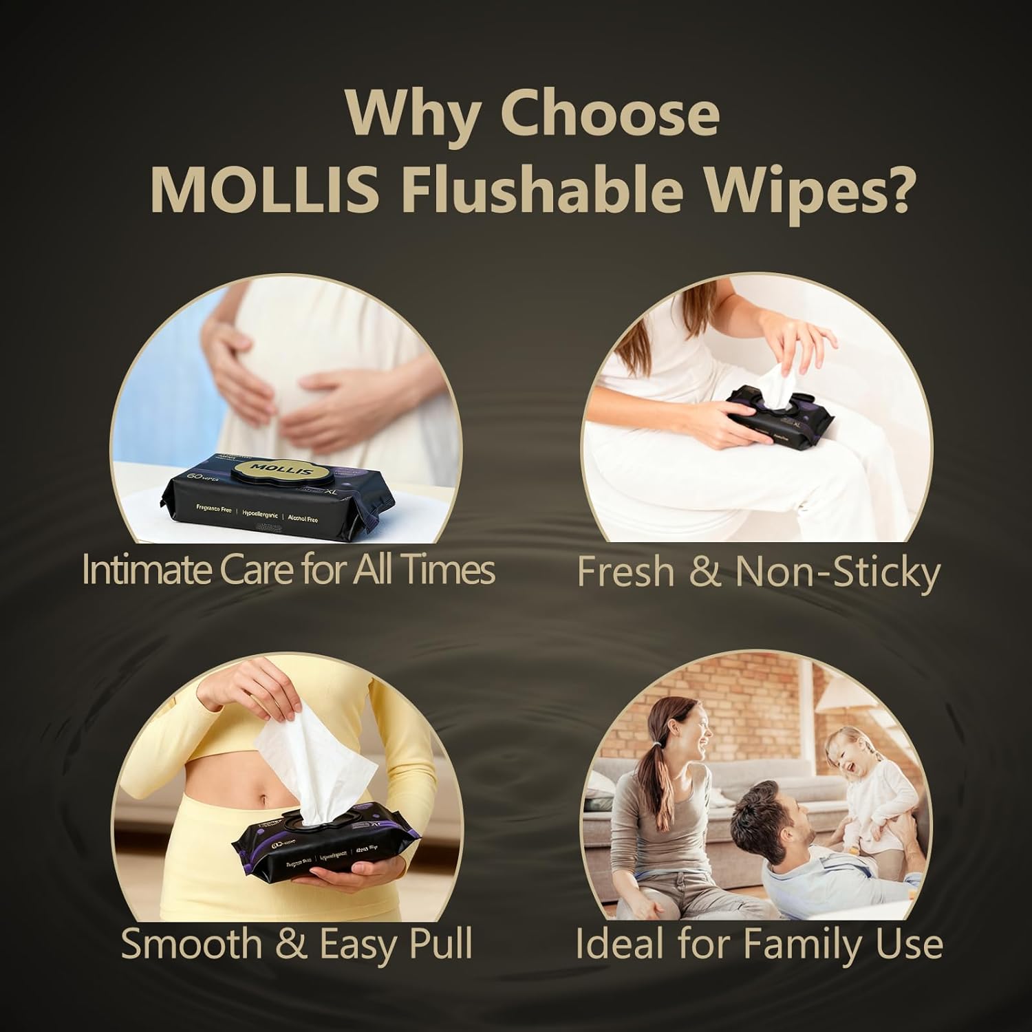 MOLLIS Flushable Wipes for Adults, Extra Large Unscented Wet Wipes with Witch Hazel & Vitamin E, Gentle for Sensitive Skin, 100% Plant-Based, Sewer & Septic Safe, 360 Count (6 Packs of 60)
