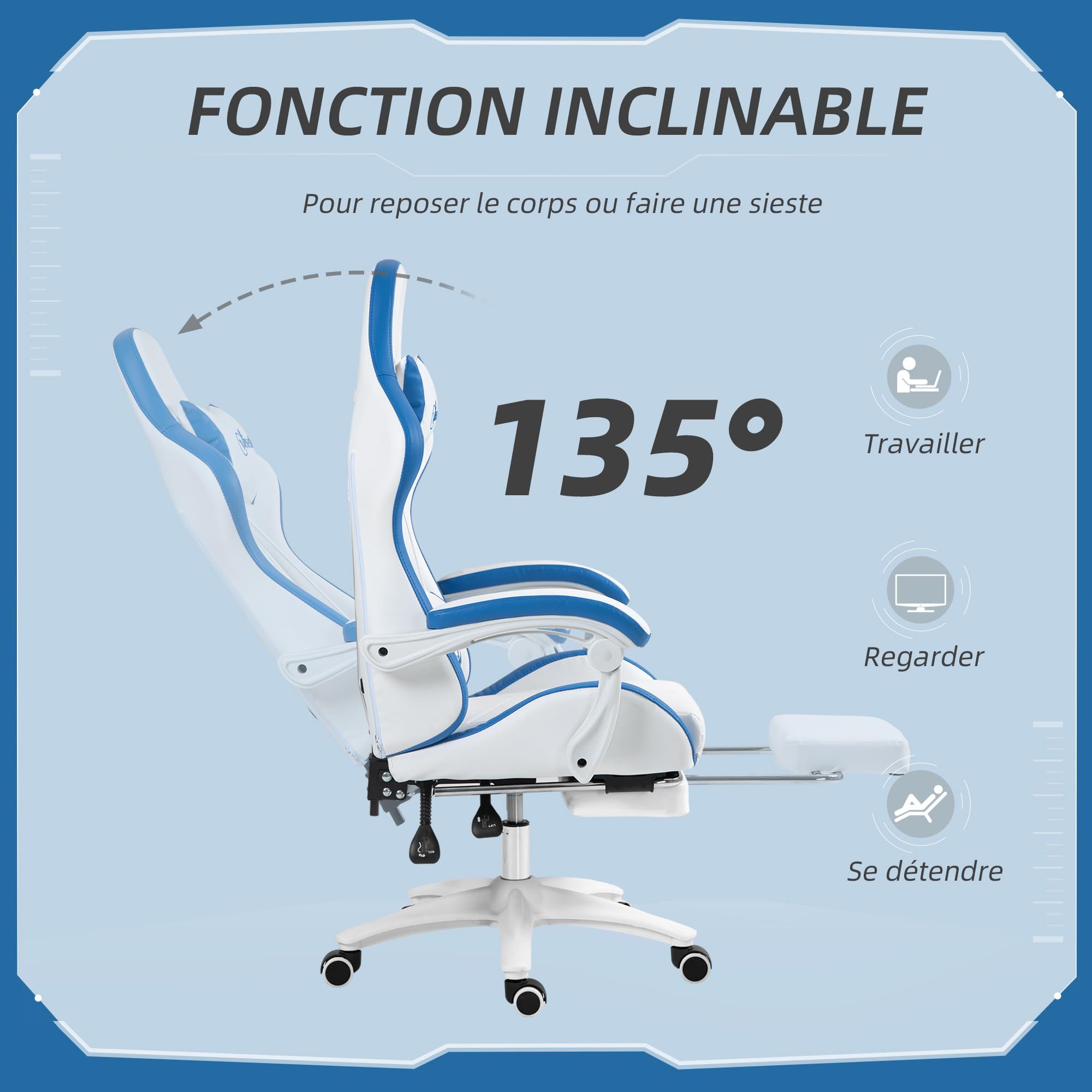 Vinsetto Gaming chair Sedia da gioco ergonomica con poggiapiedi telescopico, schienale reclinabile a 135°, poggiatesta e supporto lombare regolabili, sedia da ufficio girevole a 360° in similpelle,