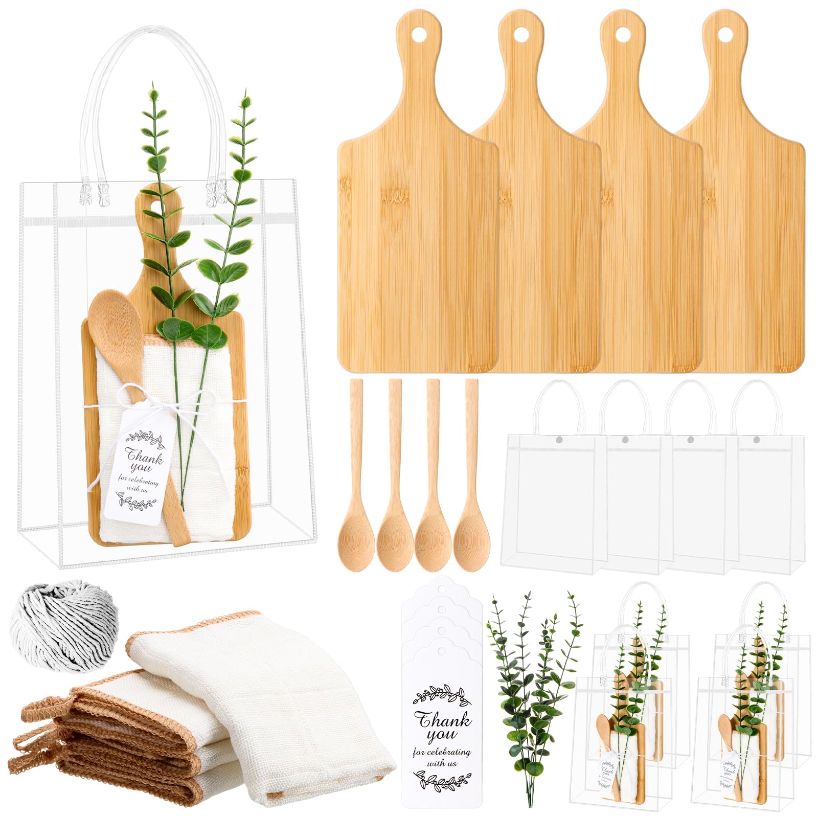 29 Pcs Baby Shower Prizes for Game Winners 4 Sets Bamboo Chopping Board Spoon Towel Thank You Card with PVC Gift Bags for Guests Baby Shower Wedding Bridal Party Favors