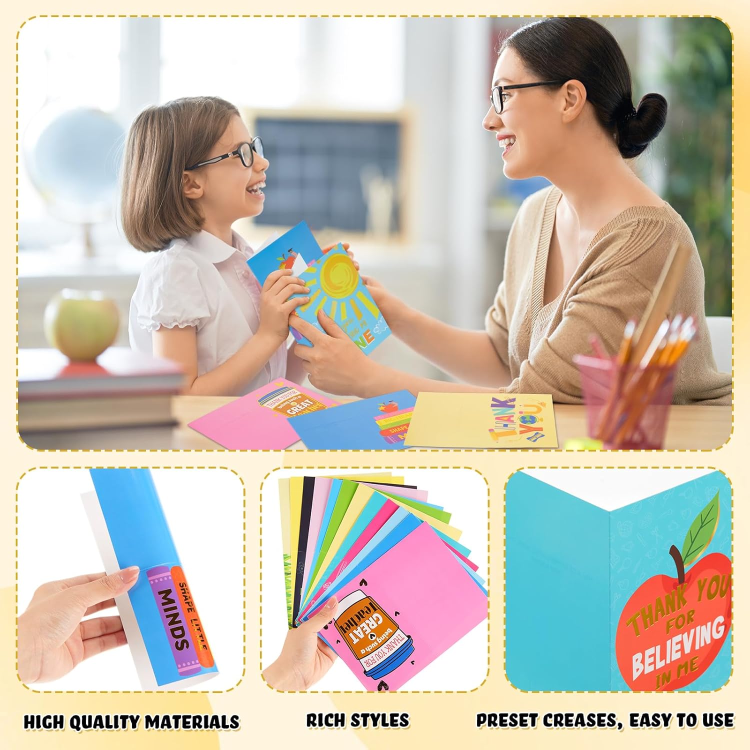Fuyoooo Teacher Appreciation Cards 120 Sets, 4x6 Thank You Cards for Teachers from Students, Bulk Postcard with Envelopes Stickers, End of School Year Teacher Appreciation Week Gifts(Gold-embossed)