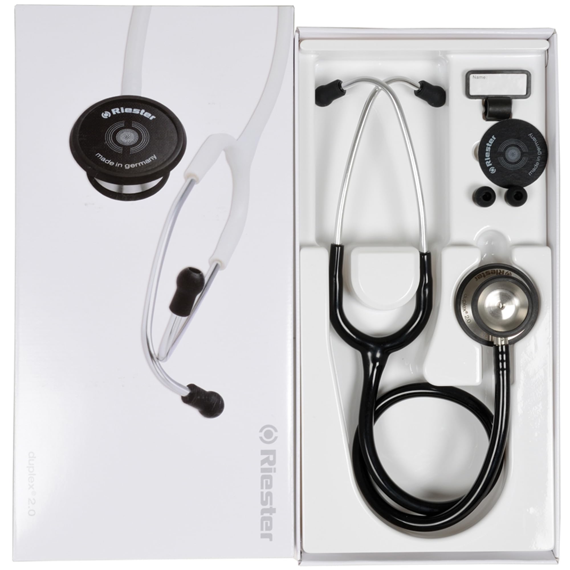 Riester - Stethoscope Duplex 2.0, High Acoustic Performance, with Name Plate, Spare Olives and Membrane, Stainless Steel, for Adults, Black, 32333 : Amazon.nl: Business, Industry & Science