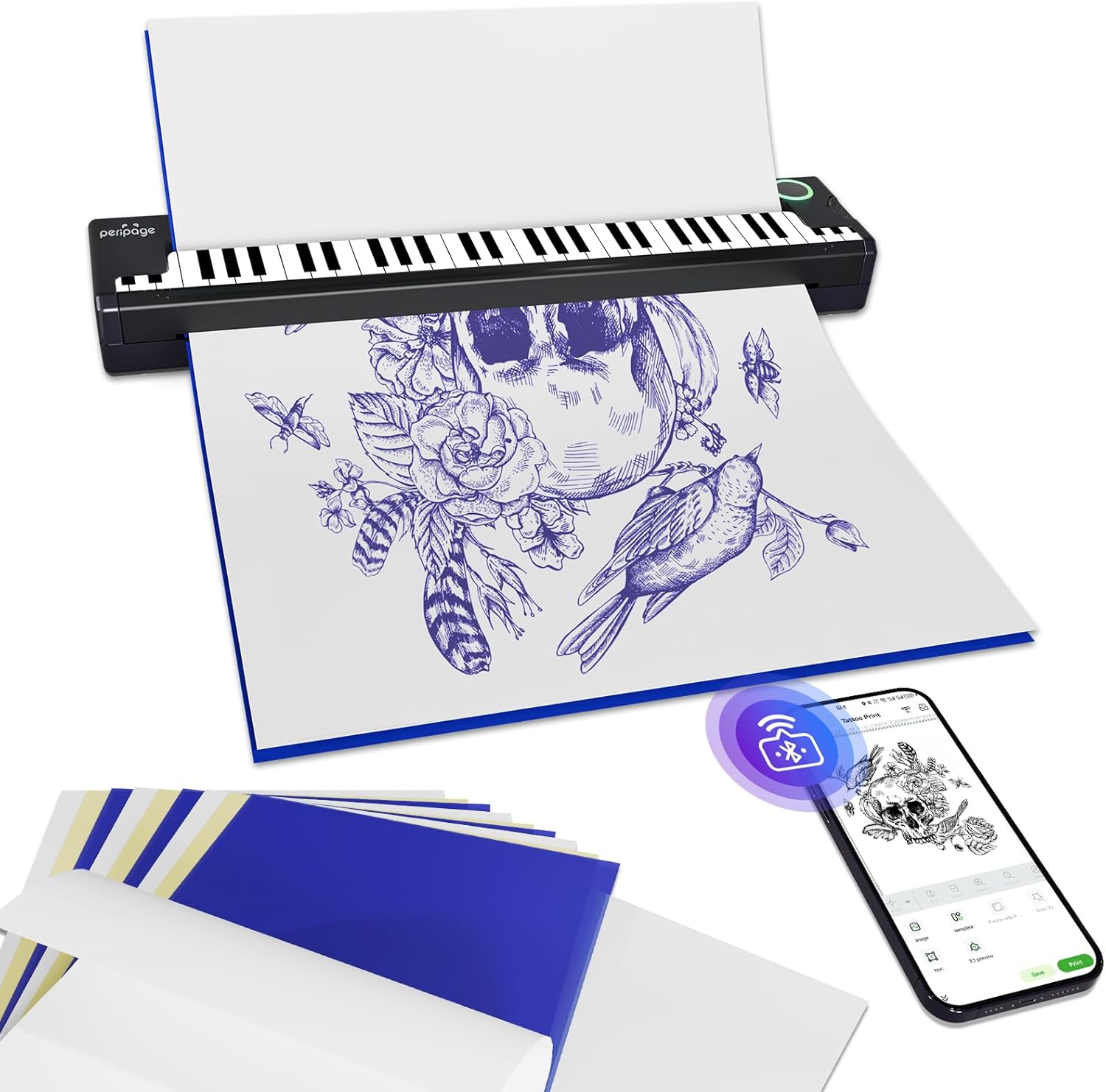 PeriPage Tattoo Printer, Tattoo Stencil Printer, Transfer Tattoo Machine Compatibel met iPad & Phone & PC, Thermische Tattoo Printer met 5st Transfer Papier