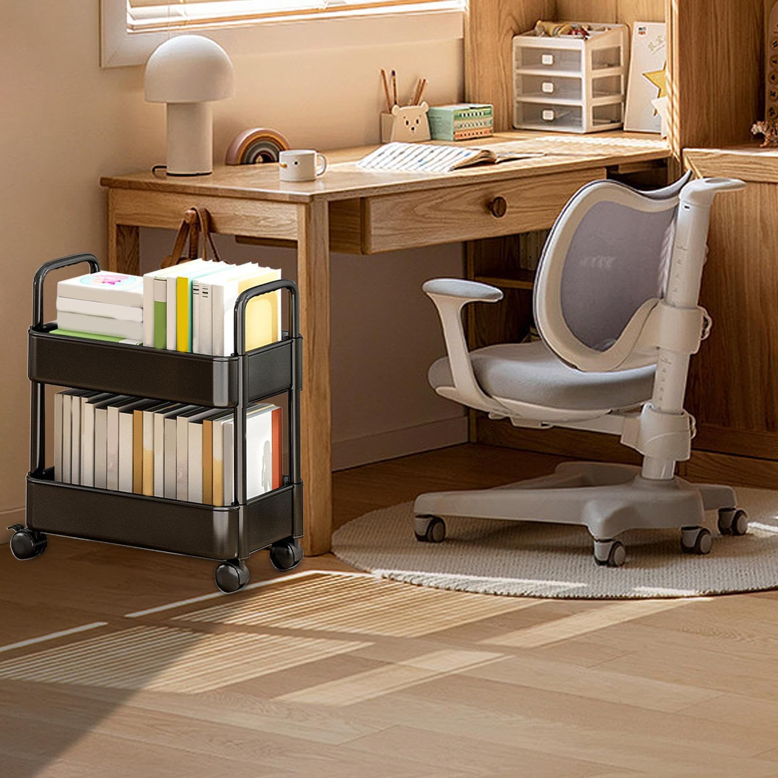 Carrito con 2 niveles, organizador multifuncional para carrito libros, estantería móvil con ruedas, organizador carrito libros para dormitorio, sala estar, escuela en casa, niño