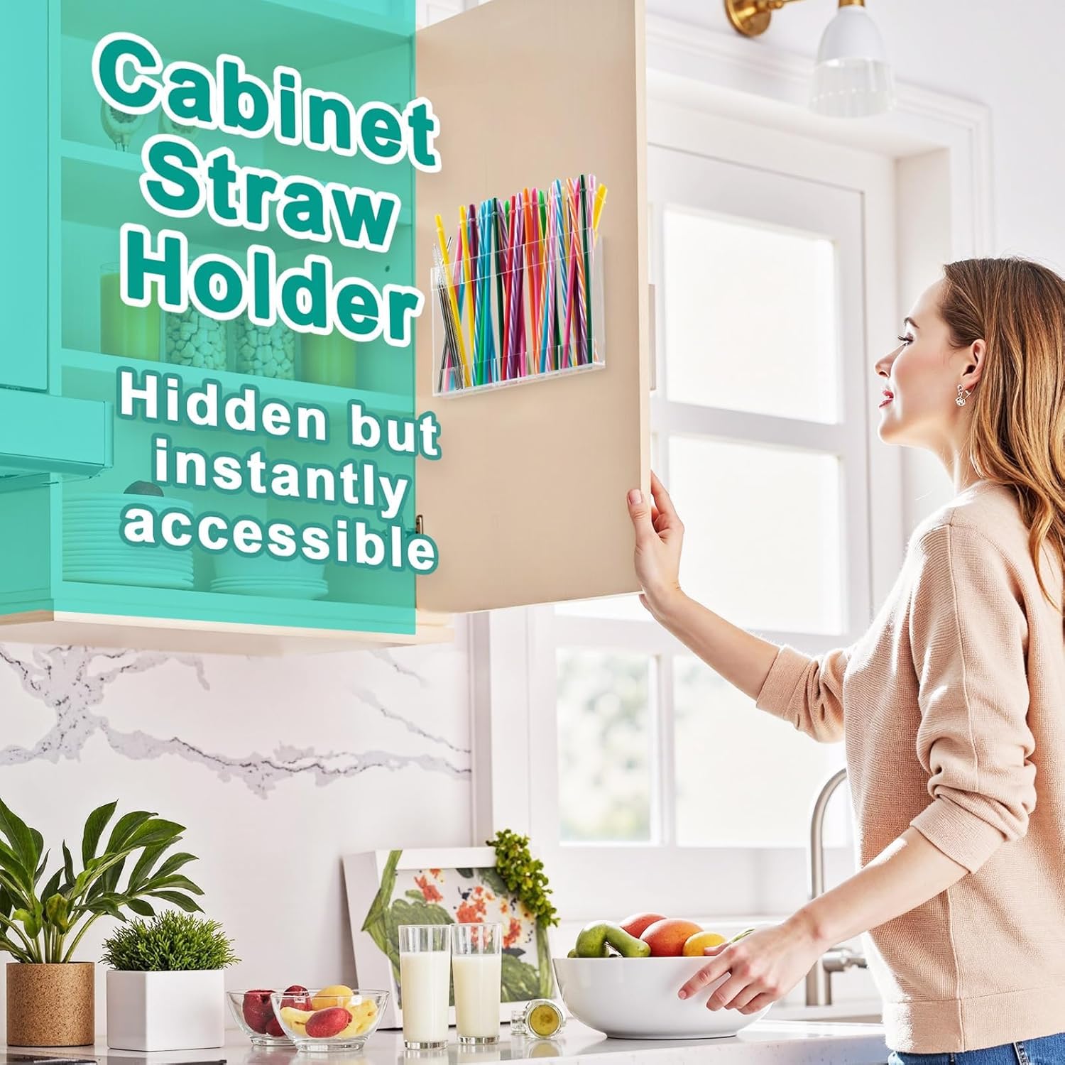 Straw Holder for Cabinet Door, Peel and stick Clear Straw Organizer, Large Acrylic Adhesive Reusable Straws Storage Container for Kitchen, Pantry, Cupboard, Bar Counter – 1 Pack - Image 2
