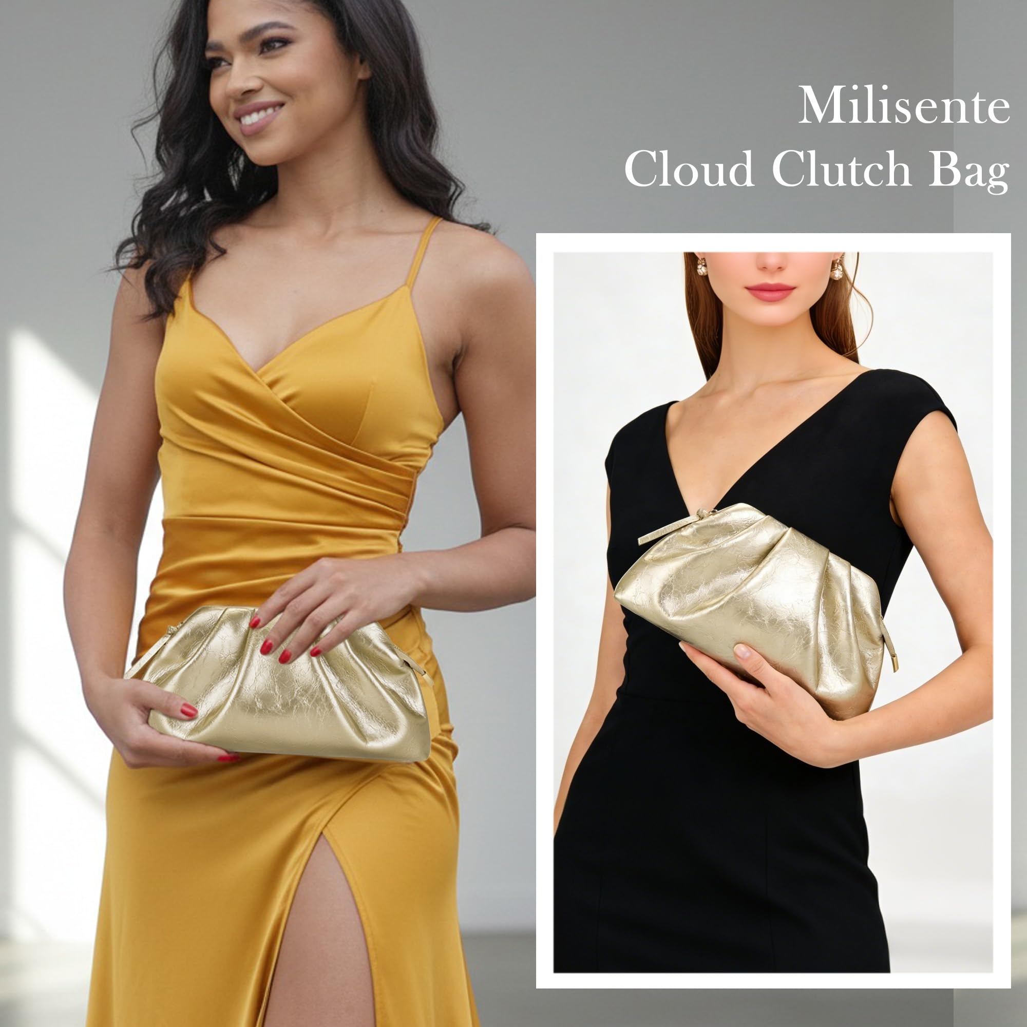 Damen Clutch Cloud Pleated Abendtasche Elegante Tasche Klein Handtasche PU Leder Schultertasche für Hochzeit mit Reißverschluss