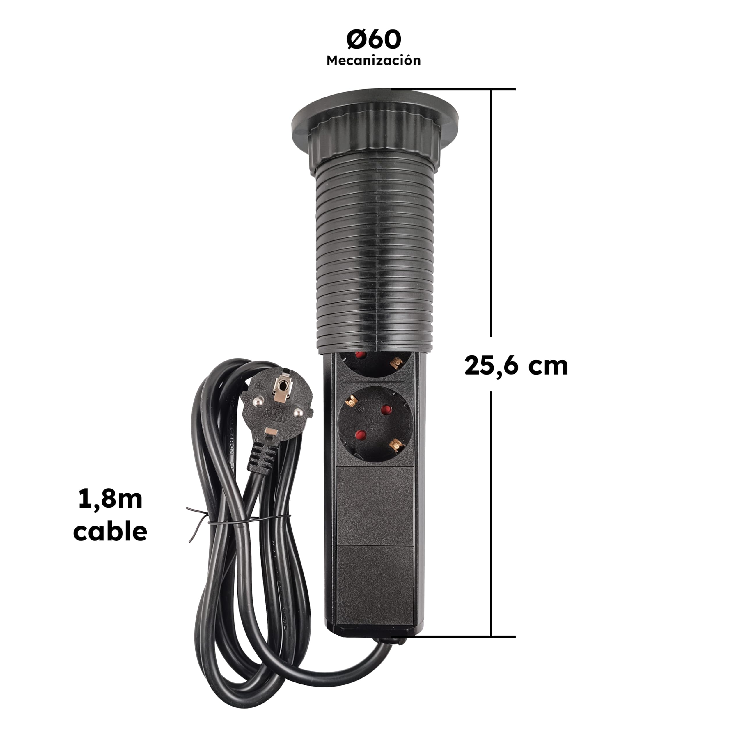 Torre de Enchufes Empotrable 35 cm | 2 Enchufes Tipo C + USB | Negro | Cable 1,8 m | Regleta Empotrable para Mesa, Cocina y Escritorio