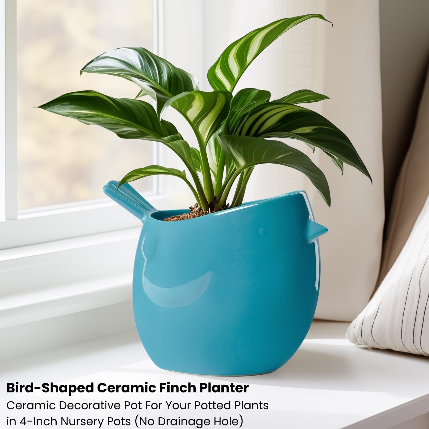 Torre & Tagus 7" Finch Teal Bird Planter Pot for 4" Nursery Pots - Ceramic Finch Bird Vase for Small Plants, 4" Nursery Pot Holder for Potted Plants, High Gloss Finish Modern Design