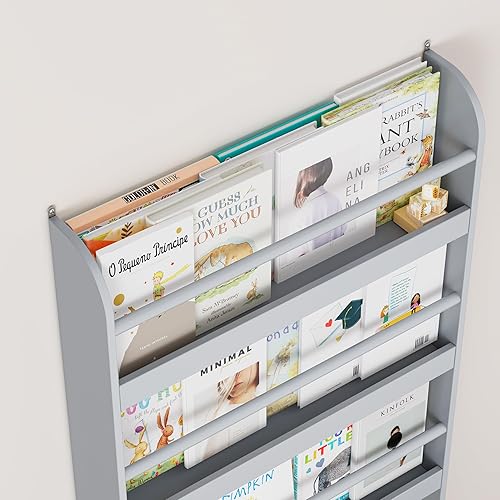 Miniatura 6 de FOTOSOK Estantería para niños, organizador de 4 niveles de montaje en pared para juguetes y libros, estantería de almacenamiento de juguetes en