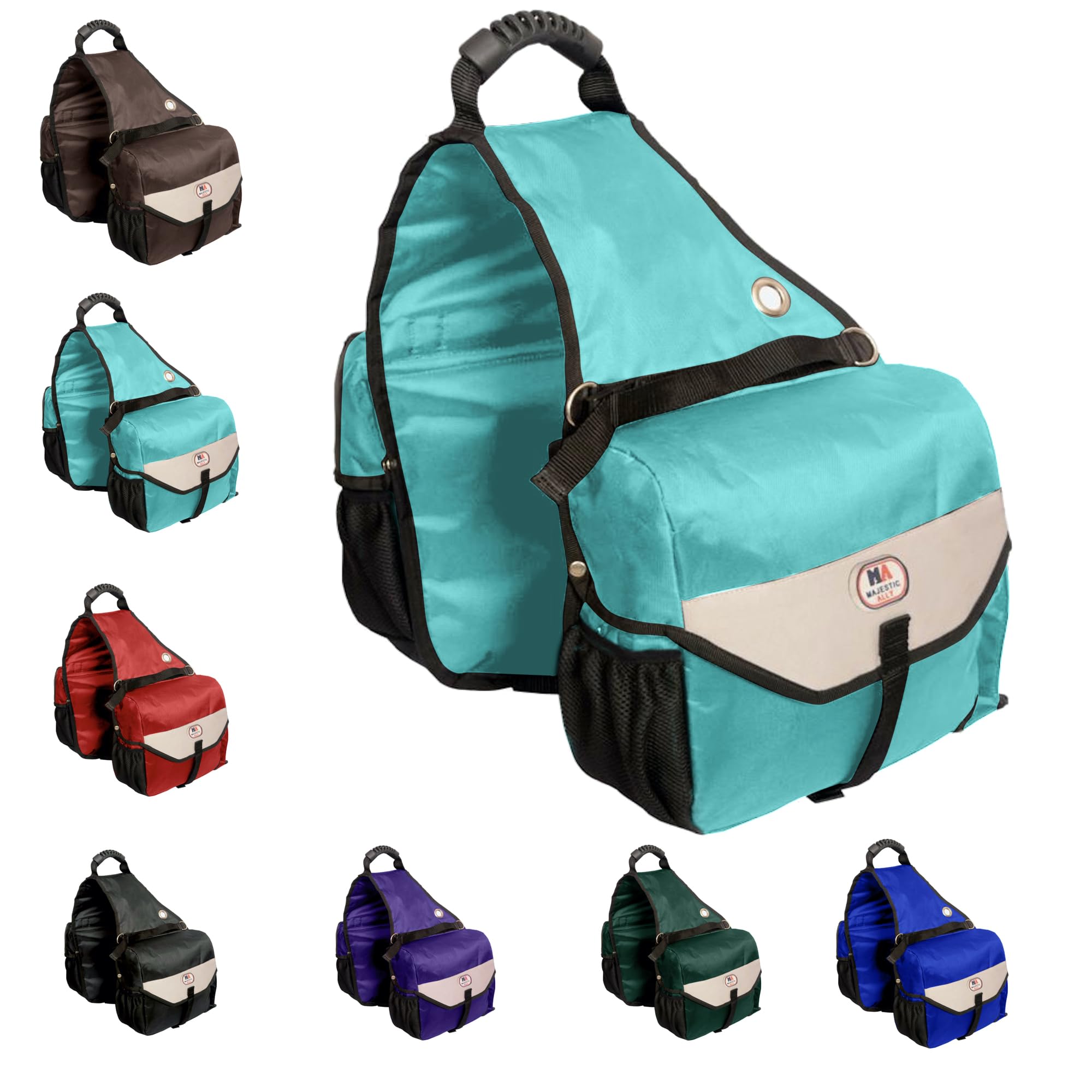 Majestic Ally Horse Saddle Bag - Nylon Insulated Leakproof Cooler, Reflective Padded with Pockets and Water Bottle Carrier, Durable Equestrian Saddle Bag (Turquoise)