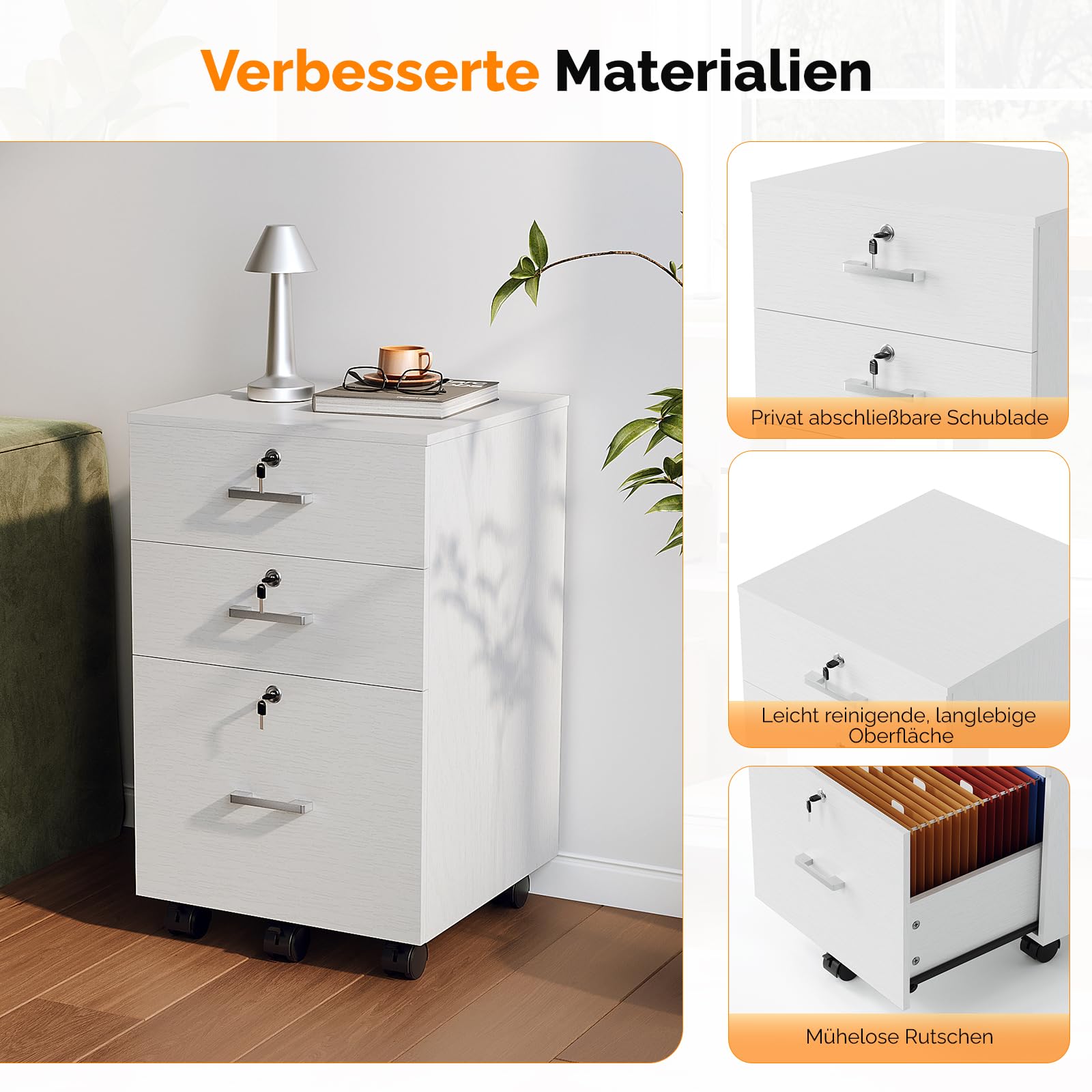 Bonnlo mobiler Aktenschrank 3 Schubladen für Büro, Homeoffice, weiß | Aktenschrank mit Rollen, mobiler Rollcontainer, abschließbarer Büroschrank, Schubladenschrank für A4- und Letter-Formate