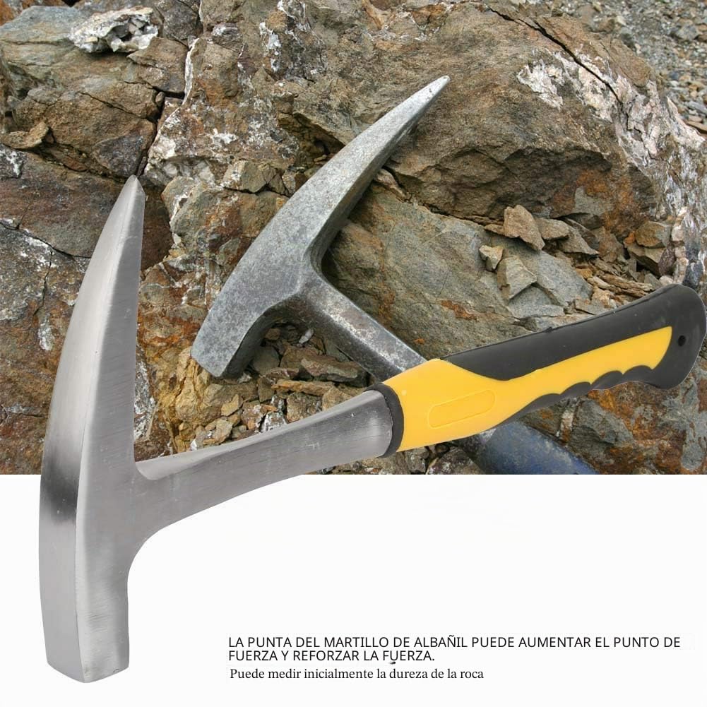Martillo Geológico de Doble Cabeza Martillo de Exploración Martillo Puntiagudo de Cabeza Plana Empuñadura de Goma con Mango Amarillo, Superficie Pulida, 804-1028 G(L)
