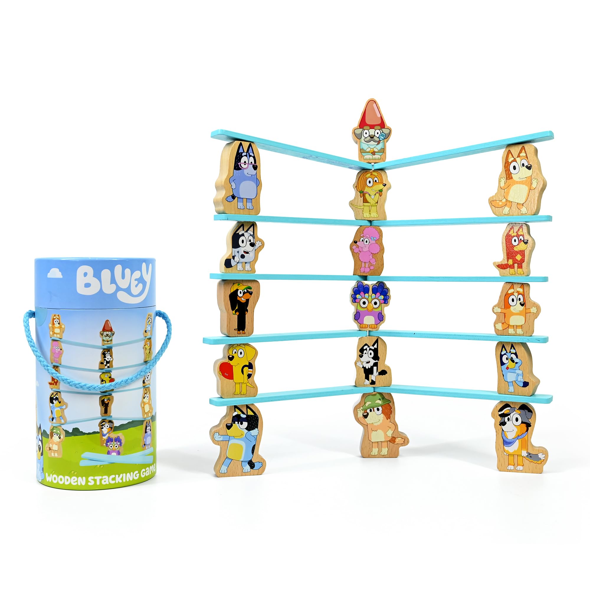 Bluey - Wooden Stacking Game for Kids Age 3+ - Balancing Toy with 16 Characters & 10 Sticks - FSC Certified Wood - Helps Develop Motor Skills - Family Game in Compact Storage Tub