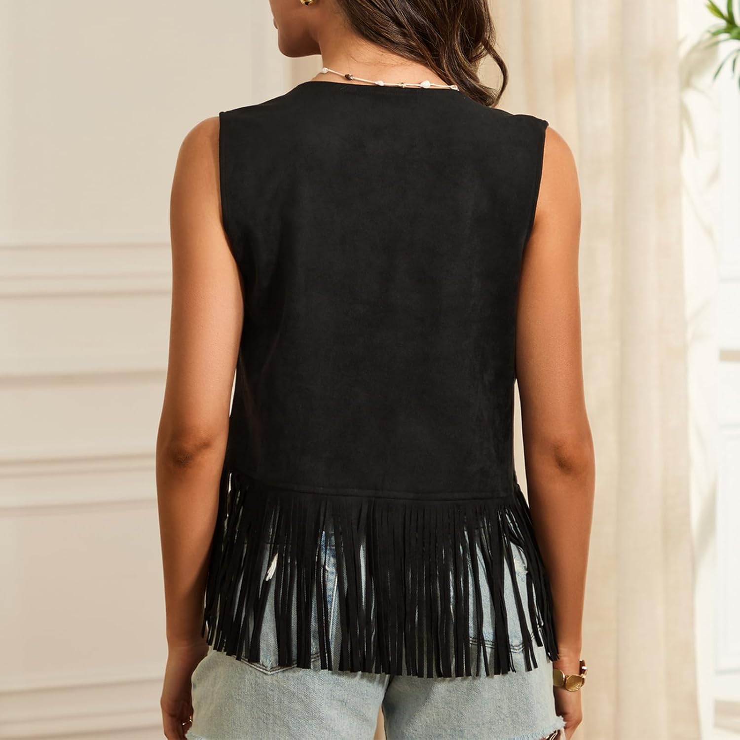 Womens Fringe Vest 70s Hippie Costume Sleeveless Cowgirl Western Faux Suede Tassel Jacket Cardigan Outerwear - Image 6