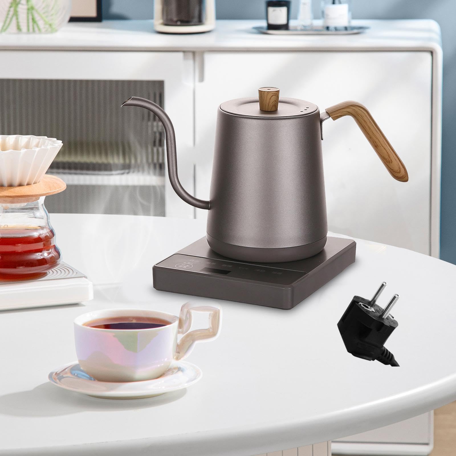 Hervidor Eléctrico de Cuello de Cisne, 1 Litro de Acero Inoxidable, Tetera Ligera para Café, Oficina, Hogar, Exterior, Picnic- Gris