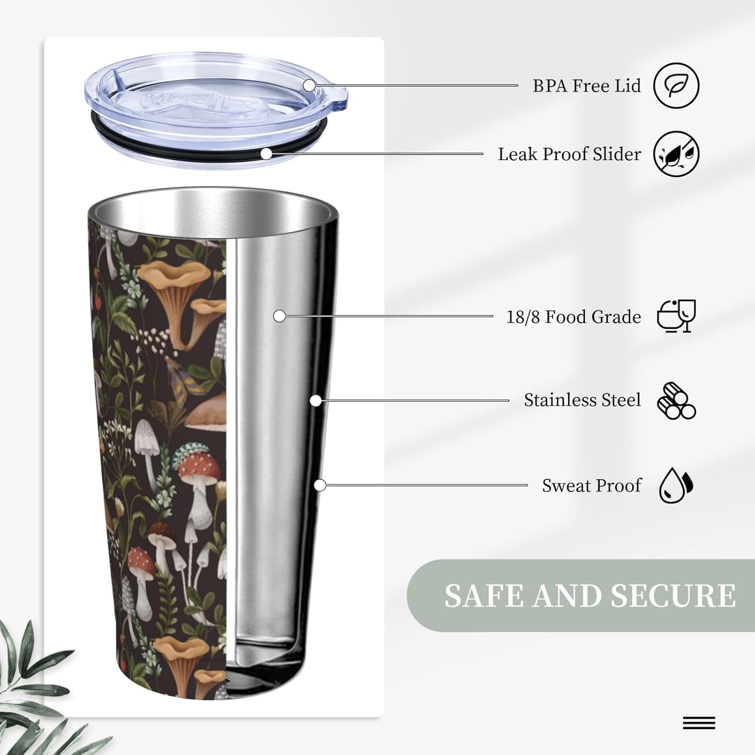Mushrooms Tumbler with Lid and Straw Plants Leaves 20oz Insulated Stainless Steel Cup Black Travel Coffee Mug Water Bottle for Women Gift for Birthday Christmas - Image 4