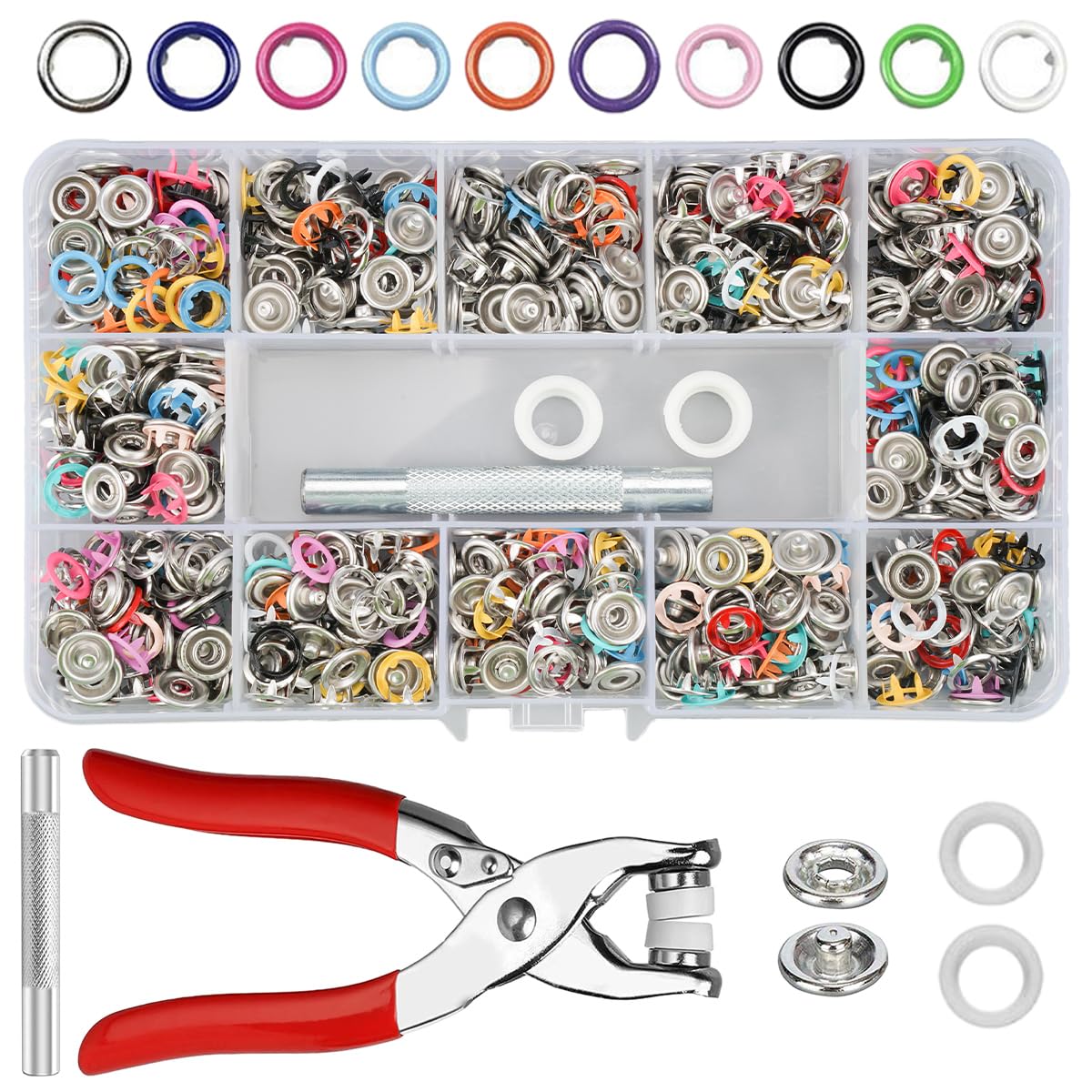 Kit Boutons Pression Métal - 200 Pièces + Pince - 10 Couleurs - 9,5mm - Pour Vêtements Bébé & DIY