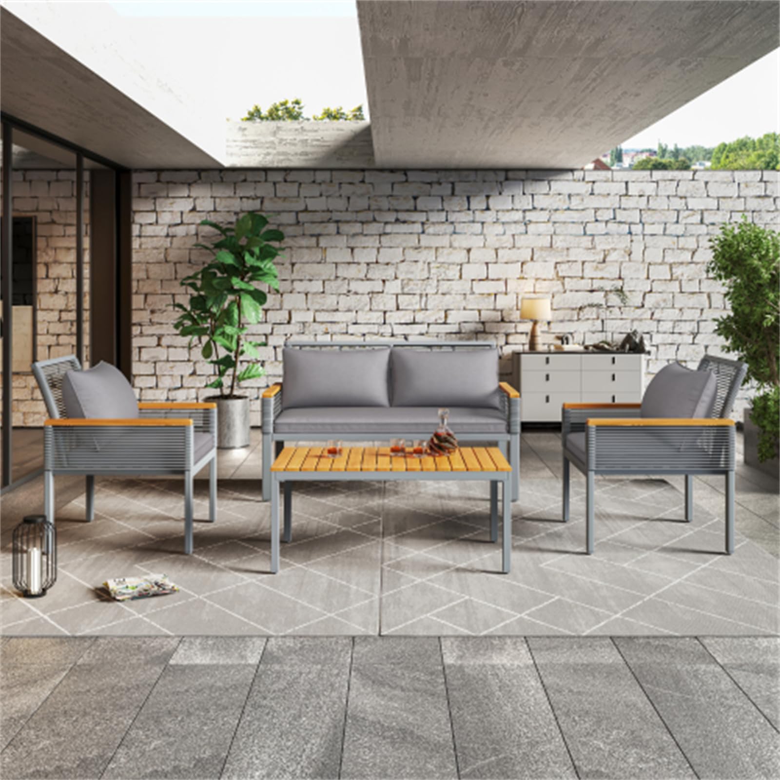 Juego De Salón De Jardín De Ratán Gris De Primera Calidad: Sofá Doble, 2 Sillas, Mesa, Cojines Cómodos, Muebles De Exterior Versátiles para Playa, Jardín, Patio, Balcón, Relajación Y Disfrute