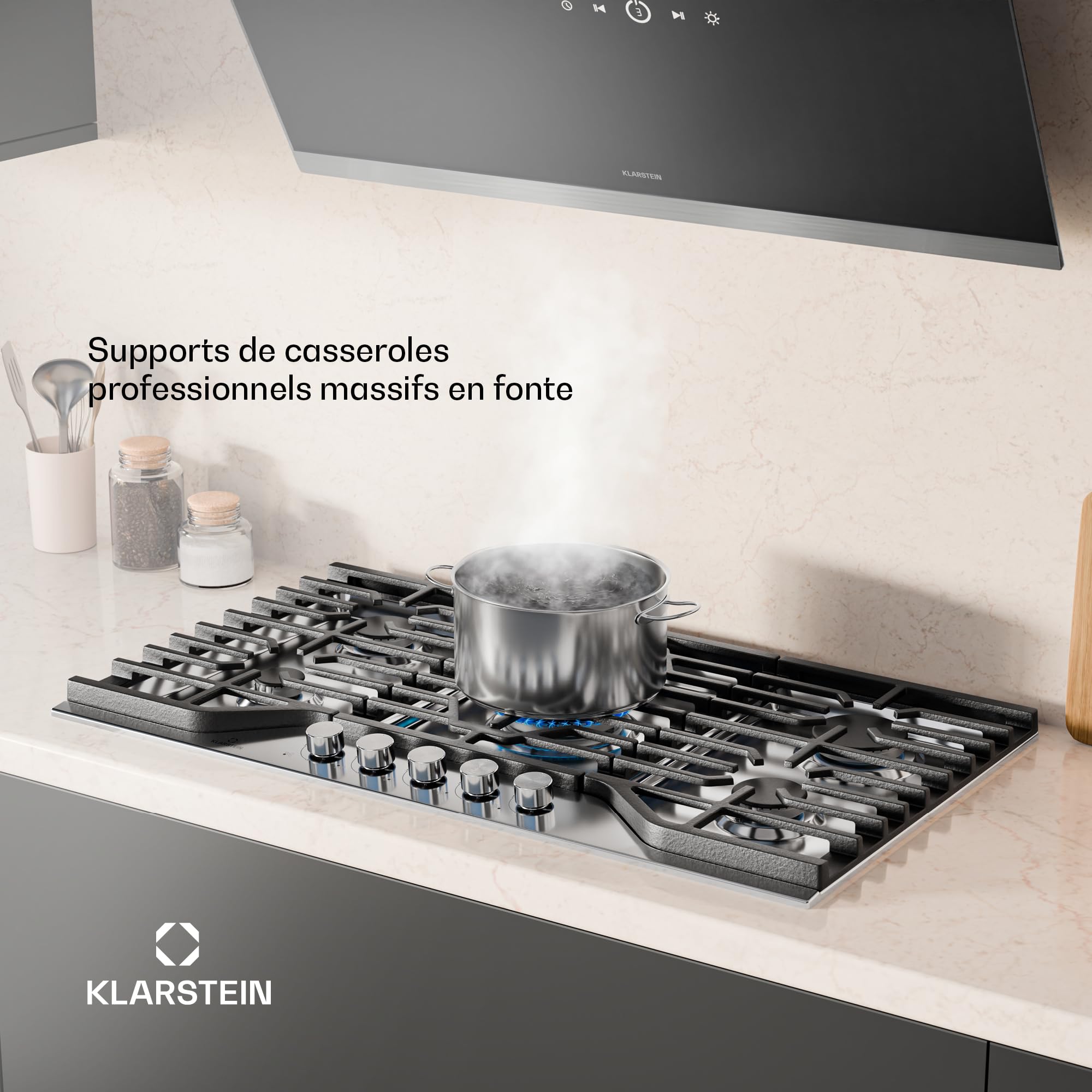 Klarstein Turbocast Plaque De Cuisson Gaz - 5 Brûleurs, Inox 304, 3.4kW Wok, Allumage Auto & Sécurité, Kit Conversion GPL, Plaque au Gaz Professionnelle
