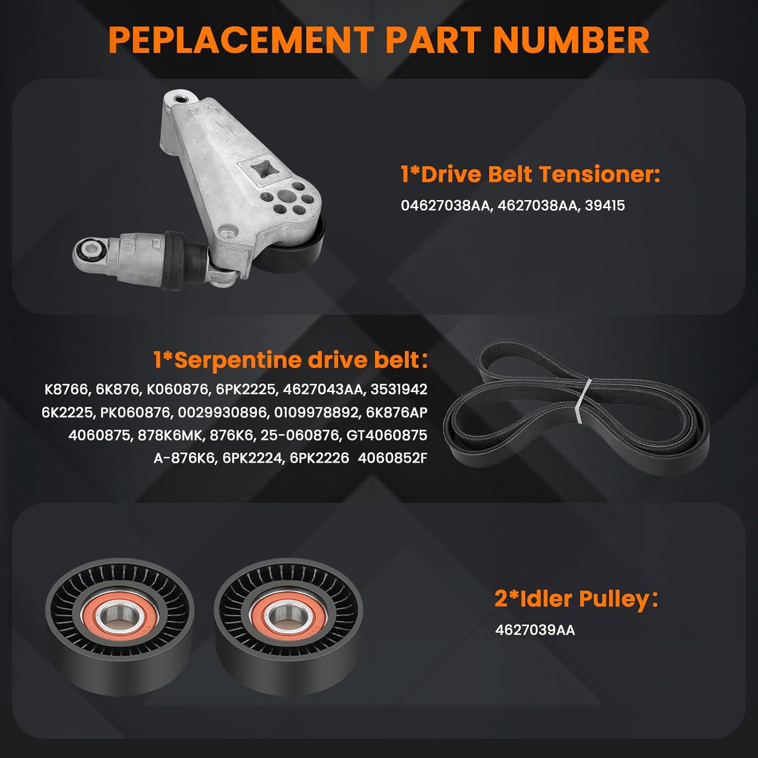 4627038AA Drive Belt Kit with Belt Tensioner & Idler Pulleys Compatible with 2012 2013 2014 2015 2016 2017 Jeep Wrangler, 2018 Jeep Wrangler JK 3.6L Replace 4627038AA-KIT