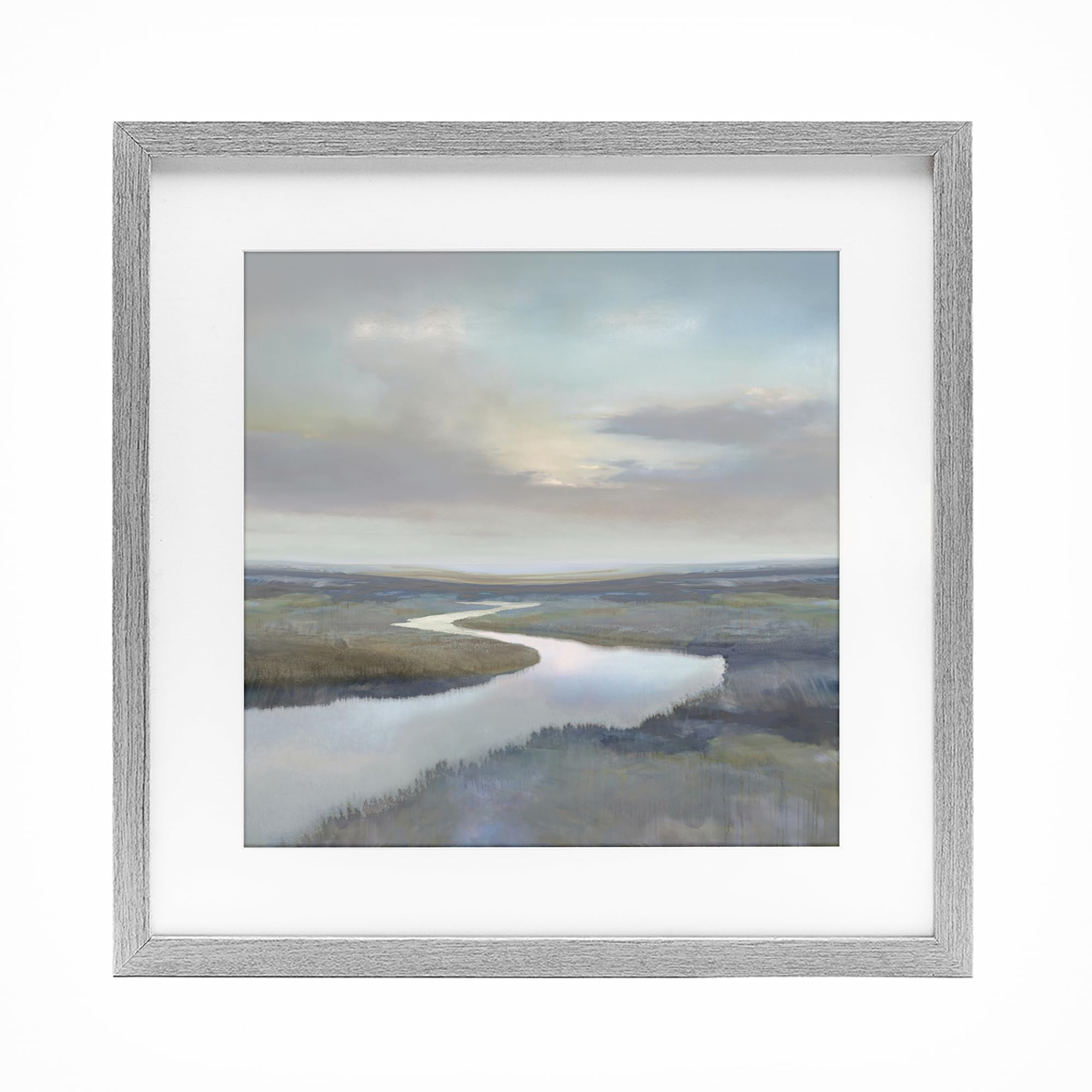 Stupell Industries Farmhouse Gray (Textured) Calm Riverbend Landscape Serenity, 16 X 16 Inch Framed Print Under Glass