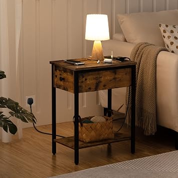 HOOBRO Side Table, Slim Bedside Table with Charging Station, USB Ports and Power Outlets, Nightstand for Living Room, Bedroom, Flip Top, Rustic Brown and Black EBF348KBZ01