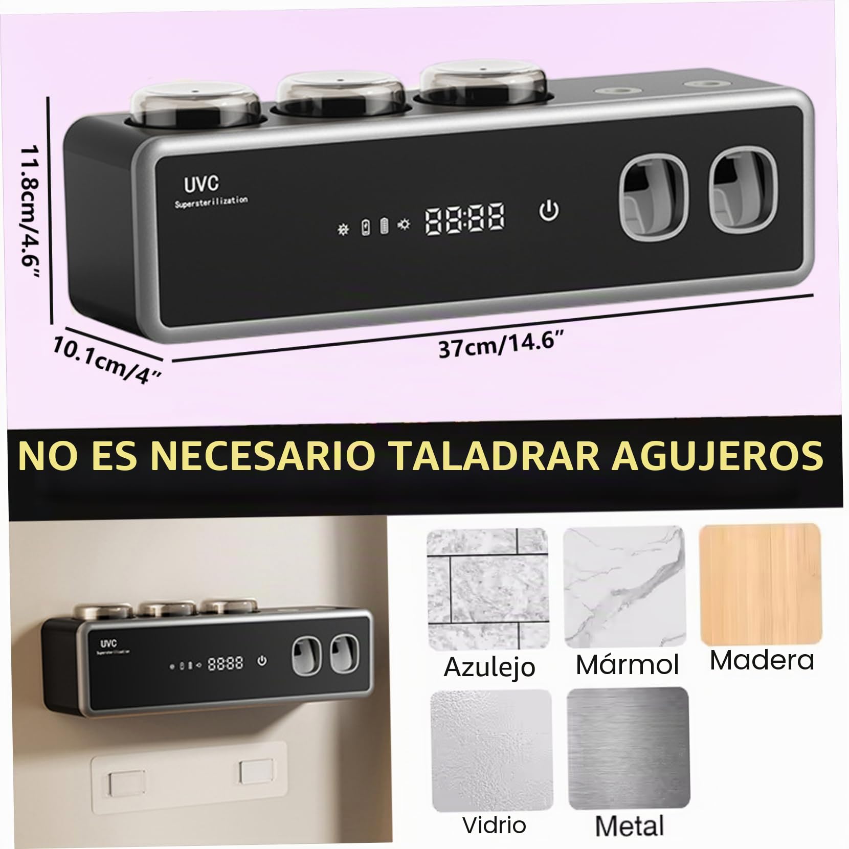 Soporte Inteligente para Cepillo de Dientes con esterilización UV, dispensador automático de Pasta de Dientes y función de Secado, montado en la Pared (Negro)