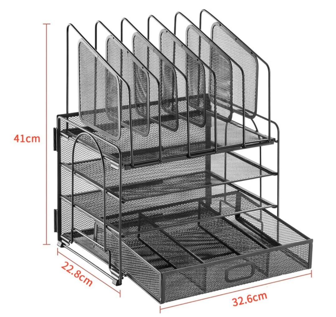 Organizzatore Scrivania Organizer per Carta da Scrivania in Filo Metallico con Sezione Portadocumenti Verticale Cassetto in Metallo per Vassoio Ufficio