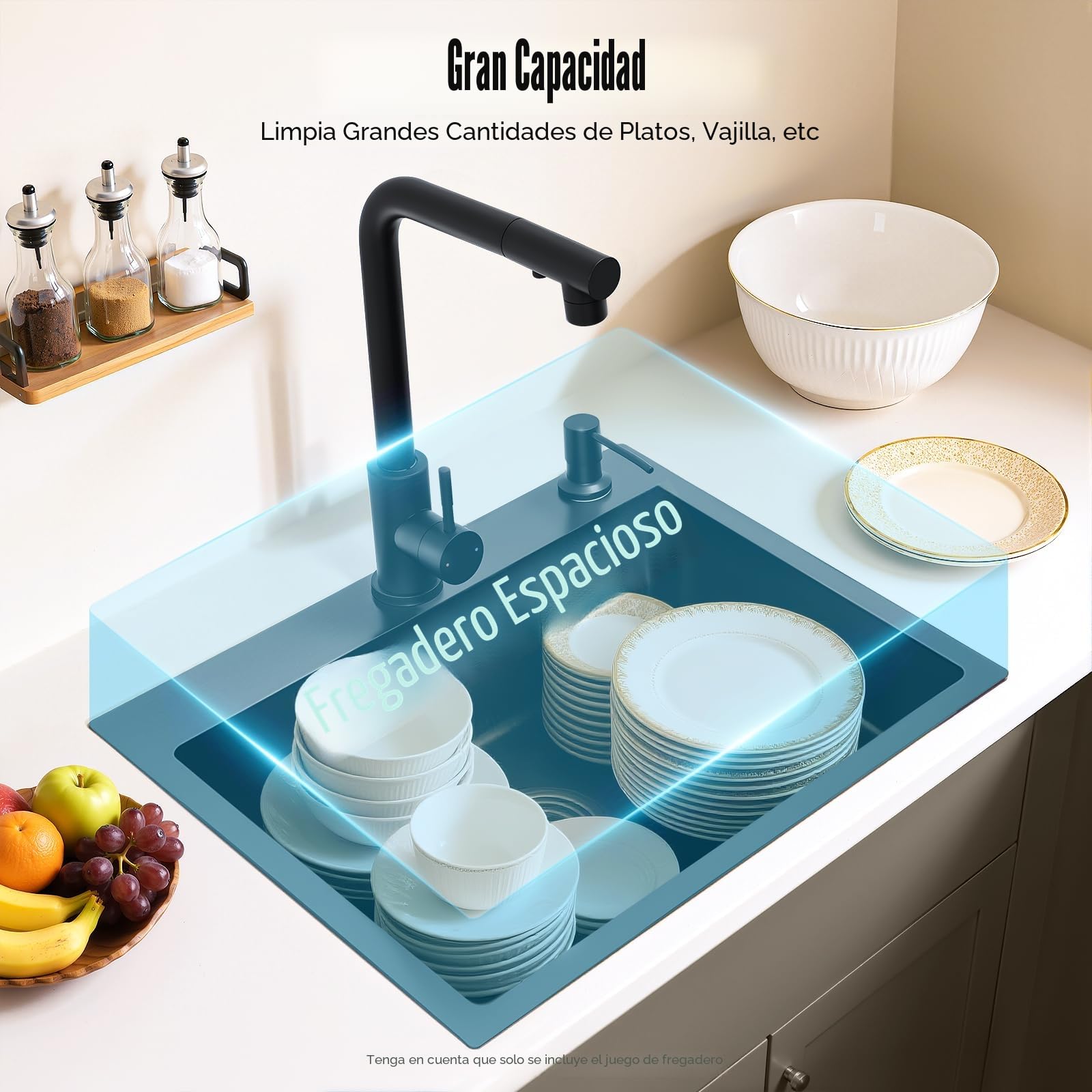 Fregadero de cocina de acero inoxidable de 50 x 45 cm, 1 lavabo, color negro con grifo extensible, con dispensador de jabón, cesta colador, tubo de desagüe