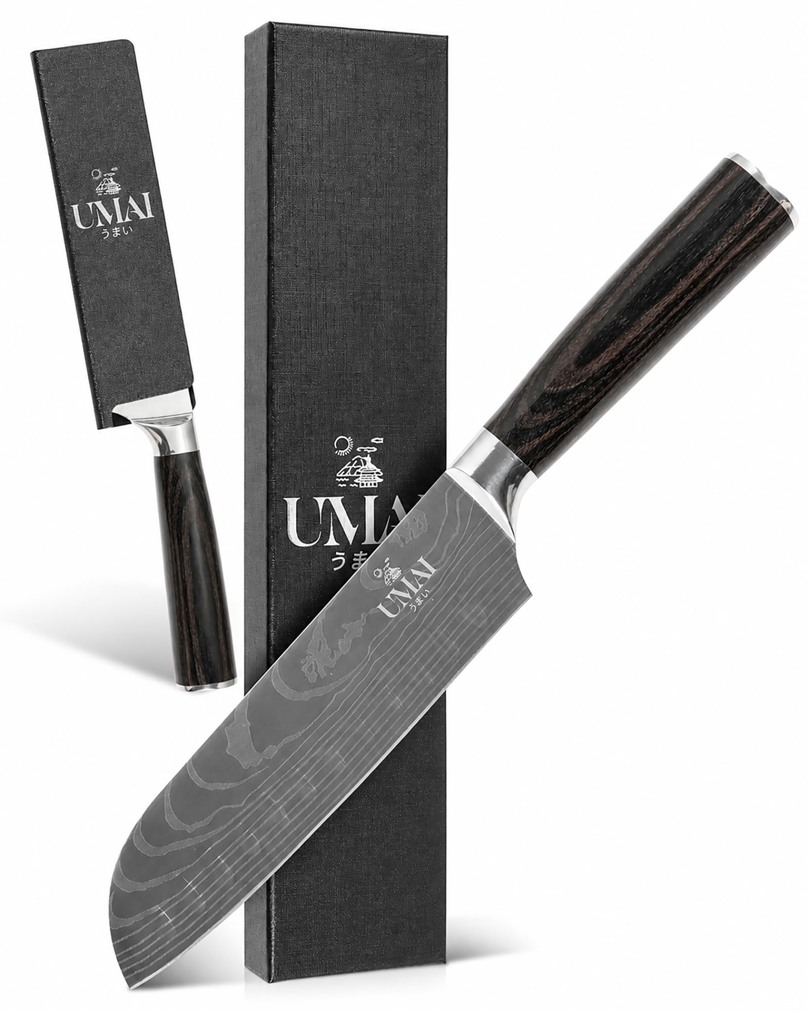 UMAI Coltello Santoku 18 cm (7") – Coltello da cucina giapponese in acciaio inossidabile 7Cr17MoV con motivo Damasco – Manico ergonomico in legno Pakka, lama alveolata – Custodia protettiva inclusa
