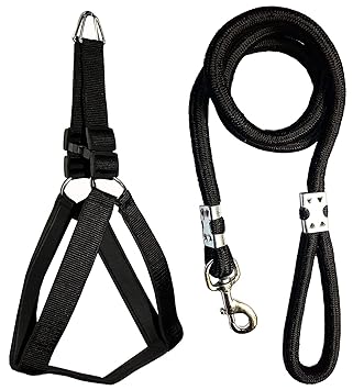PSK PET MART Nylon Padded Adjustable 1 inch Dog Chest Harness & 18mm Leash Rope for Large Dogs (Black)
