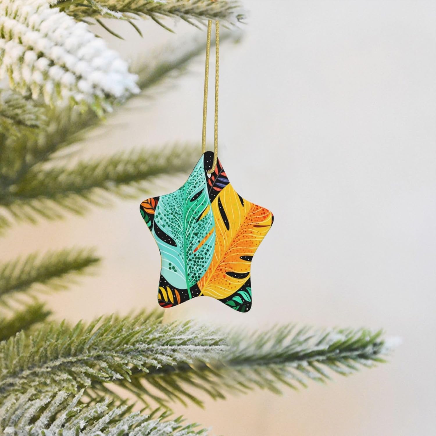 Christmas Ornaments Ceramic Star Shaped Christmas Hanging Ornament Double-Sided Colorful Leaf Print Christmas Tree Pendants for Xmas Tree Fireplace Party Holiday Wedding