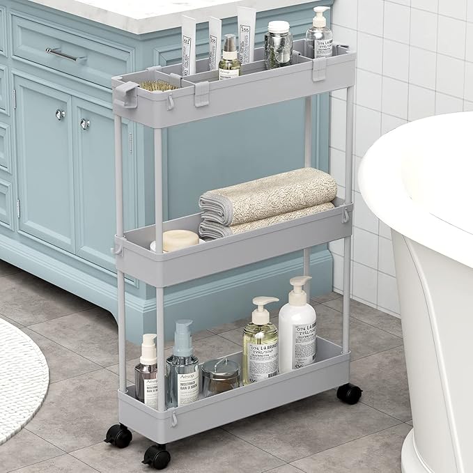 SPACELEAD Slim Storage Cart,3 Tier Bathroom Rolling Utility Cart Storage Organizer Slide Out Cart, Mobile Shelving Unit Organizer Trolley for Office Bathroom Kitchen Laundry Room Narrow Places, Grey