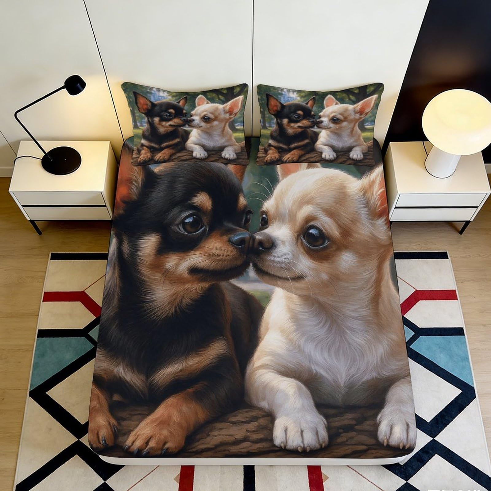3D Printed Cute Chihuahua Dog Fitted Sheet Microfiber Anti-Slip Bed Cover for Bedroom Guest Room Easy Care Decor 90x200x25cm