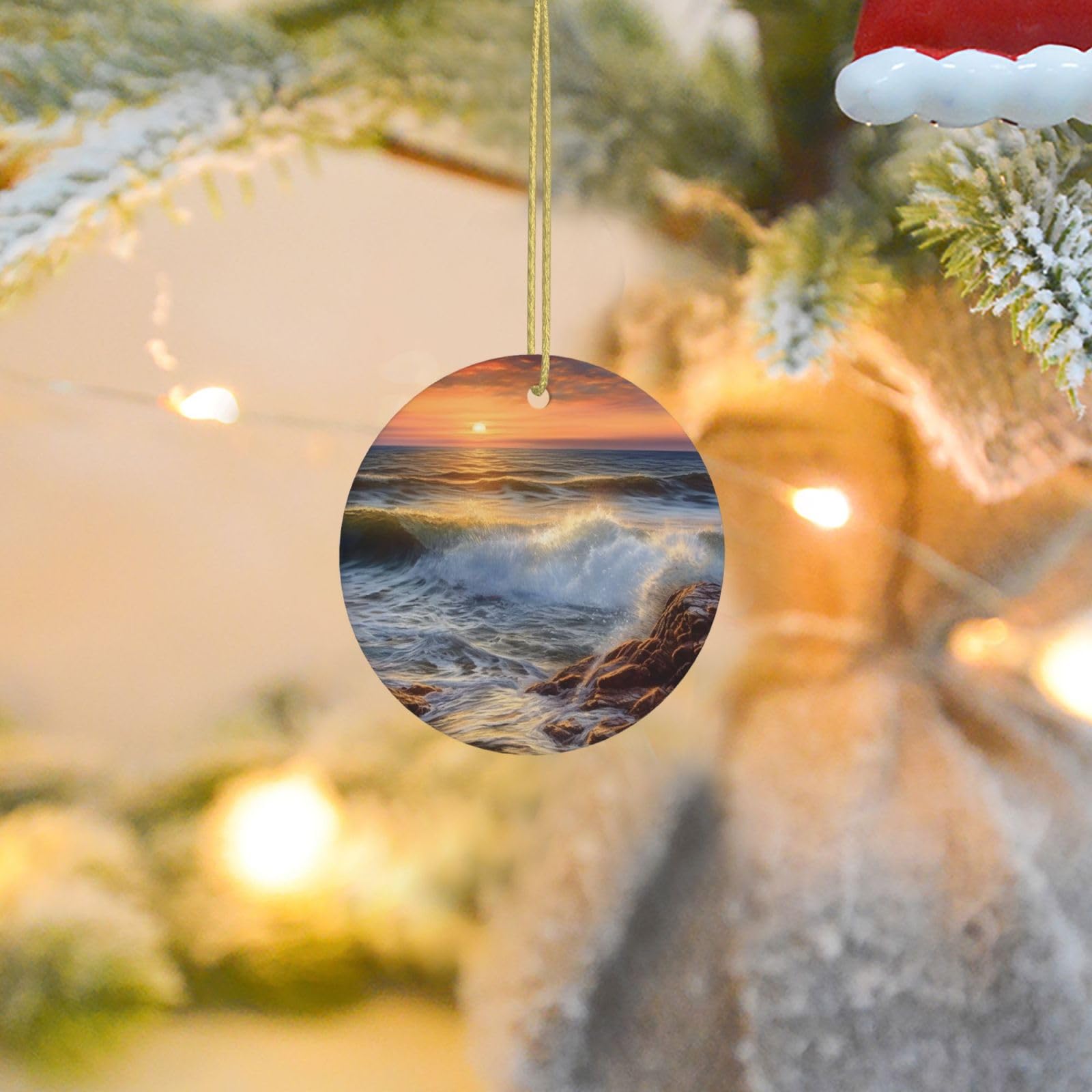 Christmas Tree Ornaments Ceramics Christmas Round Decorations Rocky Wave Sunset Painting Ceramics Ornaments Circle Pentagram Xmas Tree Hanging Pendant for Christmas Tree Party Holiday Home Decor