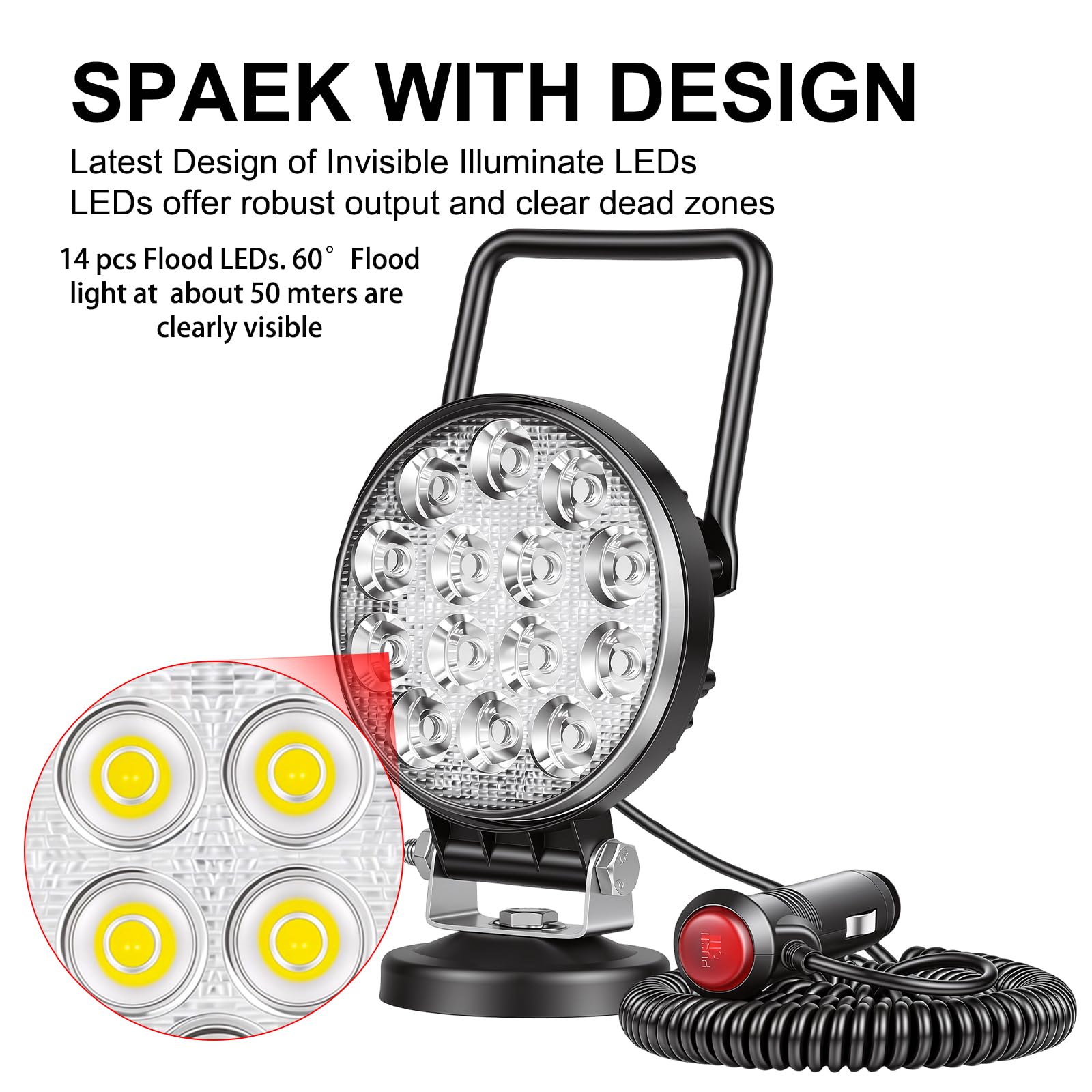 RIGIDON 42W Luz de Trabajo Con Base Magnética, 4 Pulgadas, Lámpara Portátil Para Off Road Camión Coche SUV 4x4, Faro LED Con Imán 12V 24V, 6000K Blanco