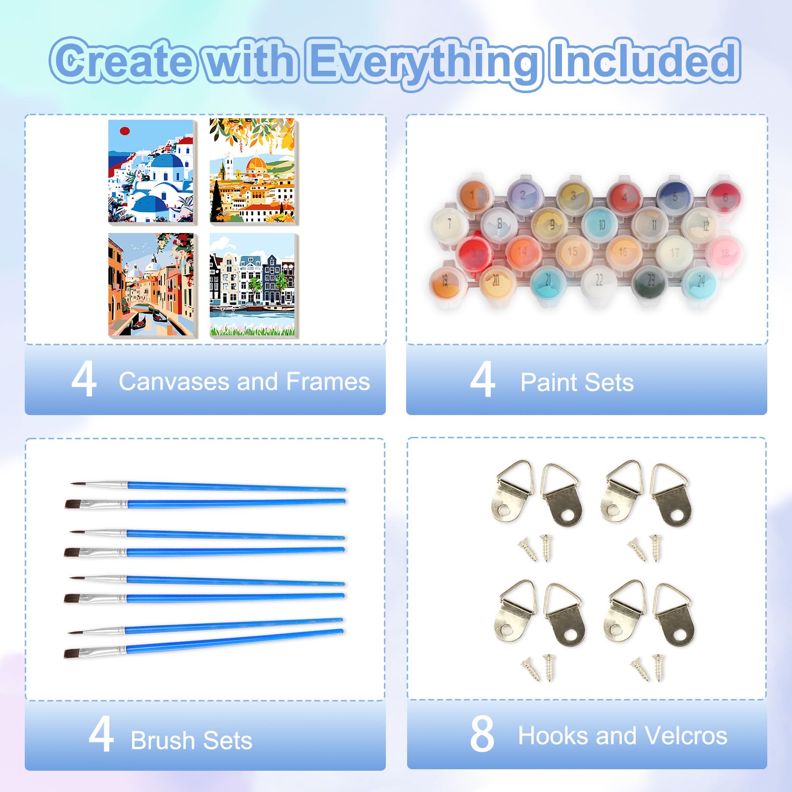 TOSTOG Quaint Villages 4 Pack Framed Canvas Painting by Numbers Art Kit for Adults and Kids, Beginner Acrylic Painting Supplies with Wooden Frame for Home Wall Decor 20 * 25 cm/8 * 10 in - 5