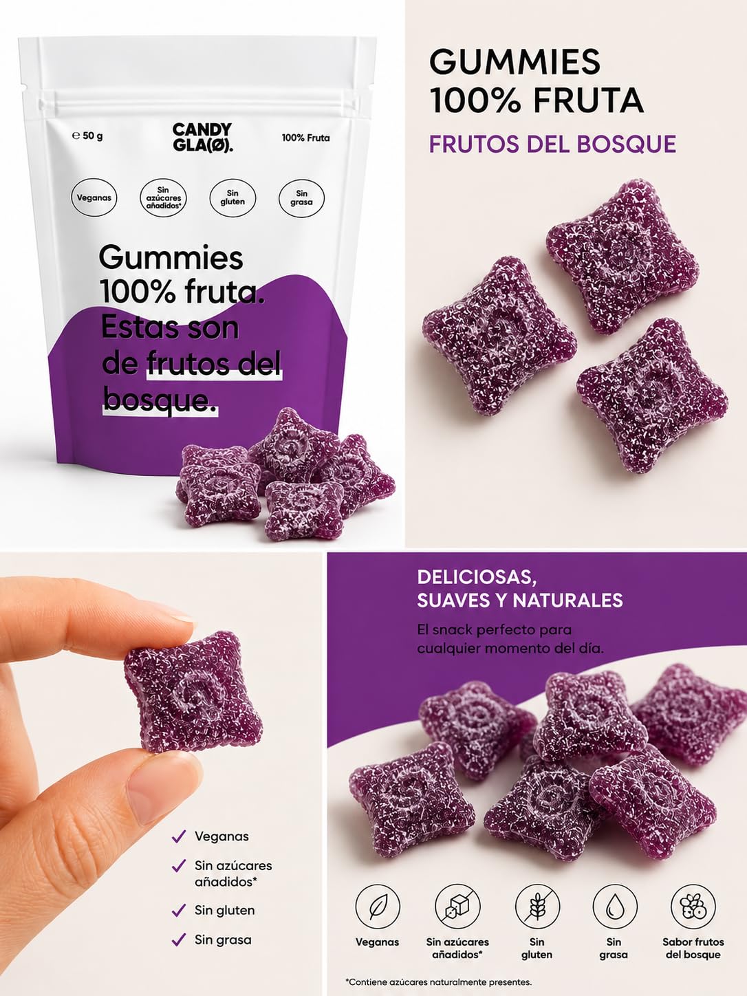 Candy Glam Pack Mixto de Gummies 14 Bolsas 7 Cereza + 7 Frutas del Bosque Veganas Sin Gluten Sin Azúcares Añadidos Snacks de Fruta Sabores Surtidos para Niños y Adultos