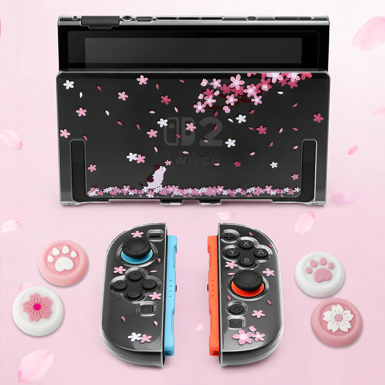 HLRAO Étui rose compatible avec Nintendo Switch OLED 2021,coque rigide Sakura Design, étui de rangement portable solide, antichoc, avec protection d'écran en verre HD et 4 capuchons Sakura Thumb Grip.