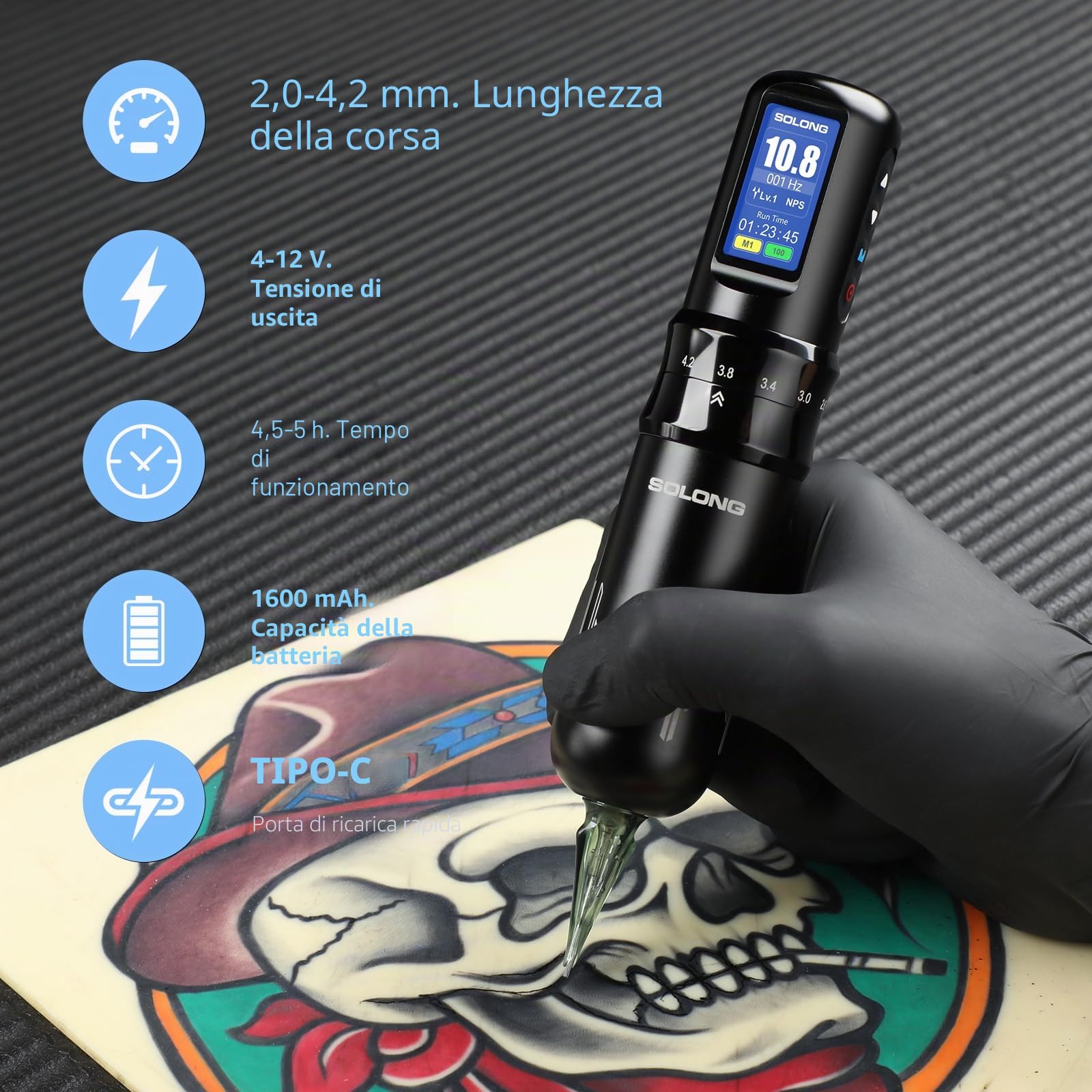 Solong Wireless Tattoo Kit 7 Modalità Macchina Rotativa 1600mAh LCD SL-TKE200AEU-1