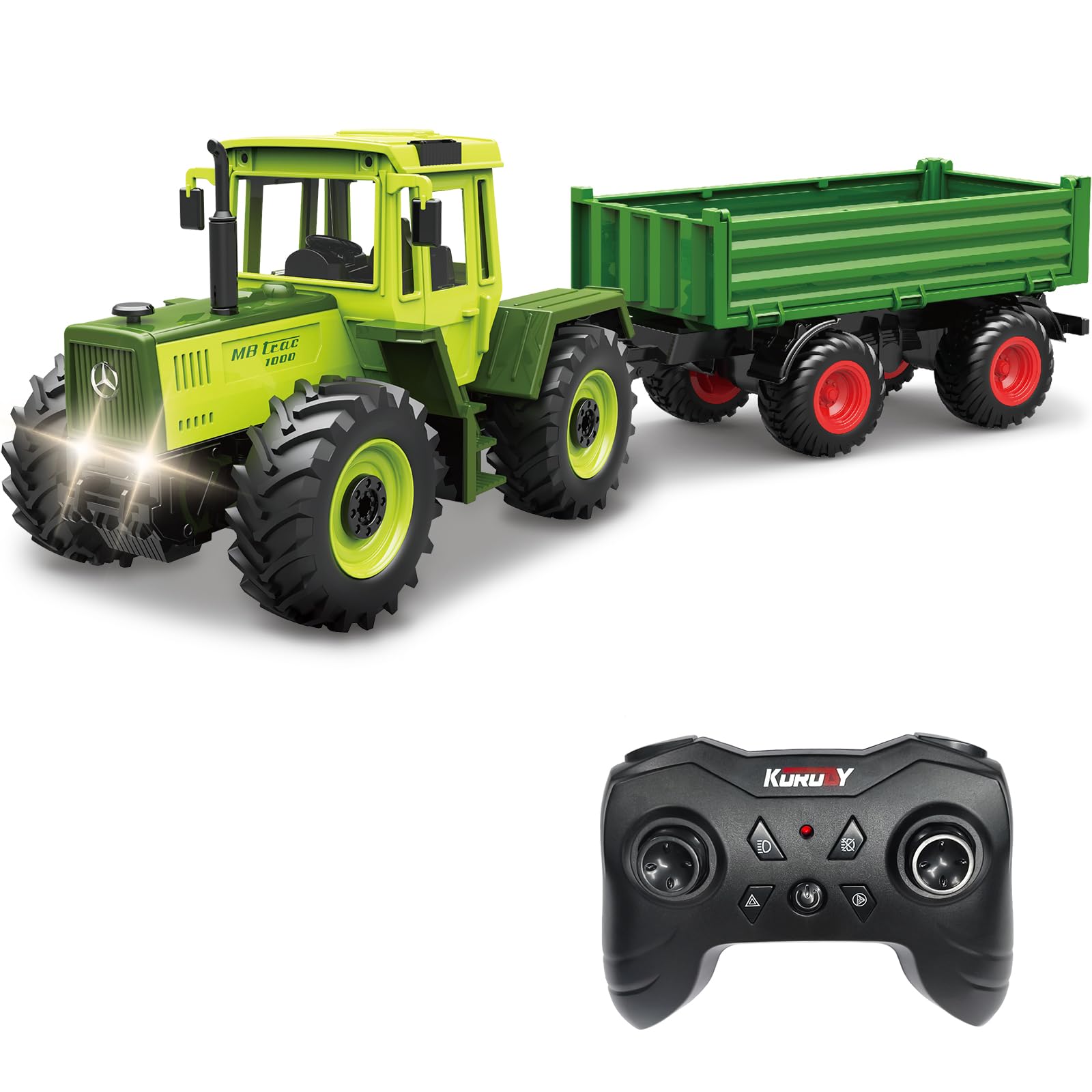 Bonikita Remote Control Tractor toy with Trailer, Automatic Lifting Function, LED Lights & 2 Rechargeable Batteries, Toy for Kids Aged 3+