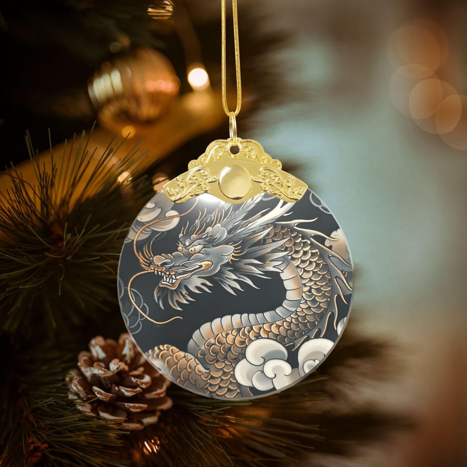 Black Oriental Dragon Christmas Ornament 2025, Round Glass Xmas Hanging Pendant for Xmas Tree Decoration,Cute Holiday Hanging Decorations Keepsake for New Year Family Party Wedding Decor