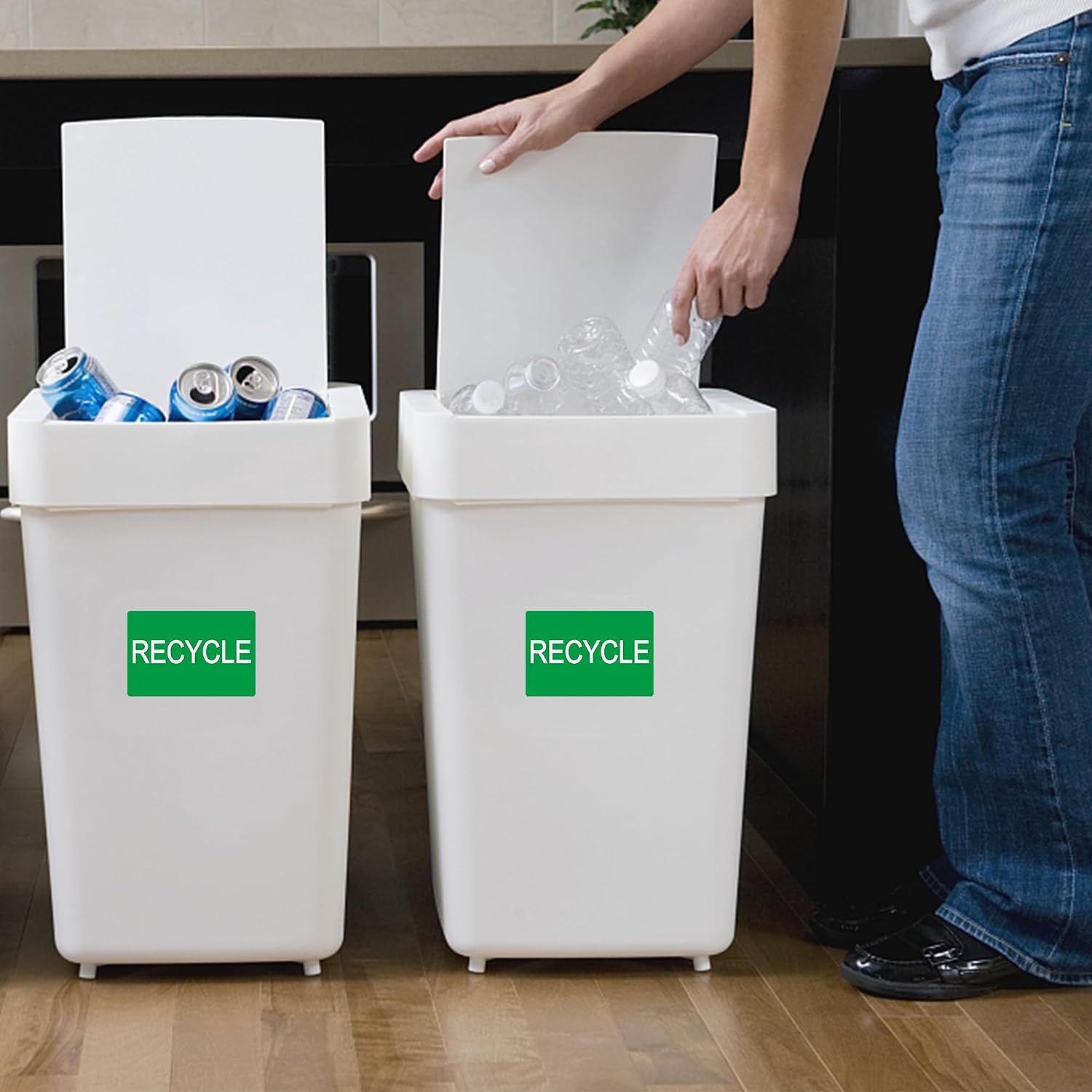 2×3 Inch Recycle Stickers Large Green Background/White Text Disposal and Trash Can Adhesive Labels, Waste Signs for Home Kitchen or Office Work Bins - 300 Stickers Per Roll(10 Rolls)