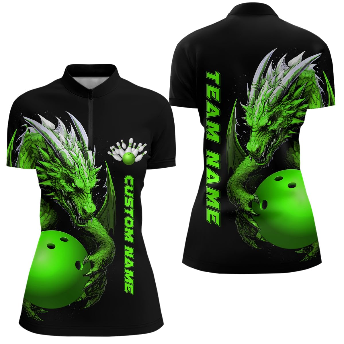 Grünes Drachen Herren & Damen Bowling-Polo & Quarter-Zip-Shirt, Custom Design, Team-Jerseys und Bowling-Bekleidung I5295