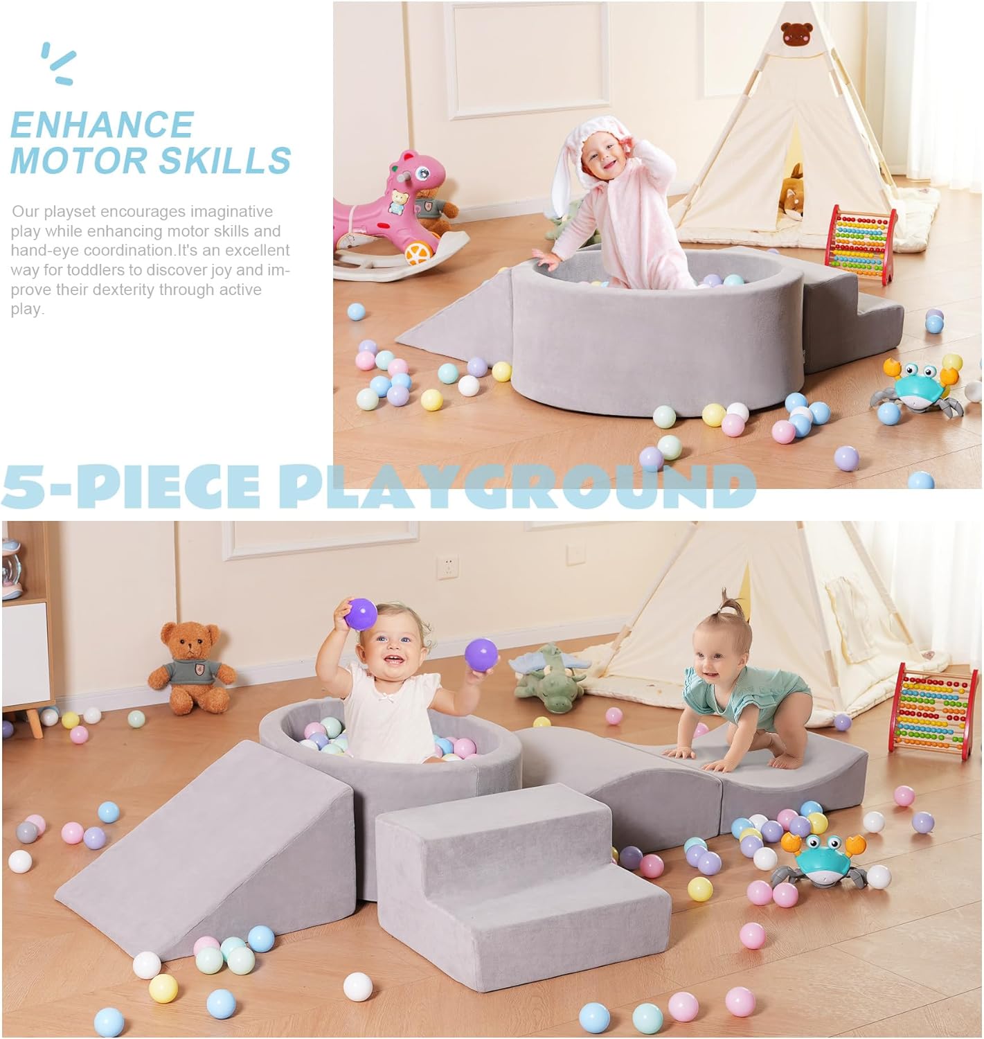 Foam Climbing Blocks with Ball Pit Designed for Toddlers Aged 1-3 -Great for Indoor Crawling, Inside Foam Playground Set for Little Ones to Active Playing -(Balls NOT Included) Grey