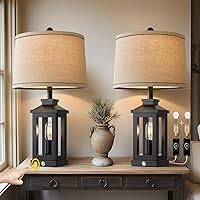 Vista 11 de Lámpara de mesa de 60.3 cm con puertos USB C+A retro de estilo granja con control táctil regulable de 3 vías, lámpara nocturna blanca vintage