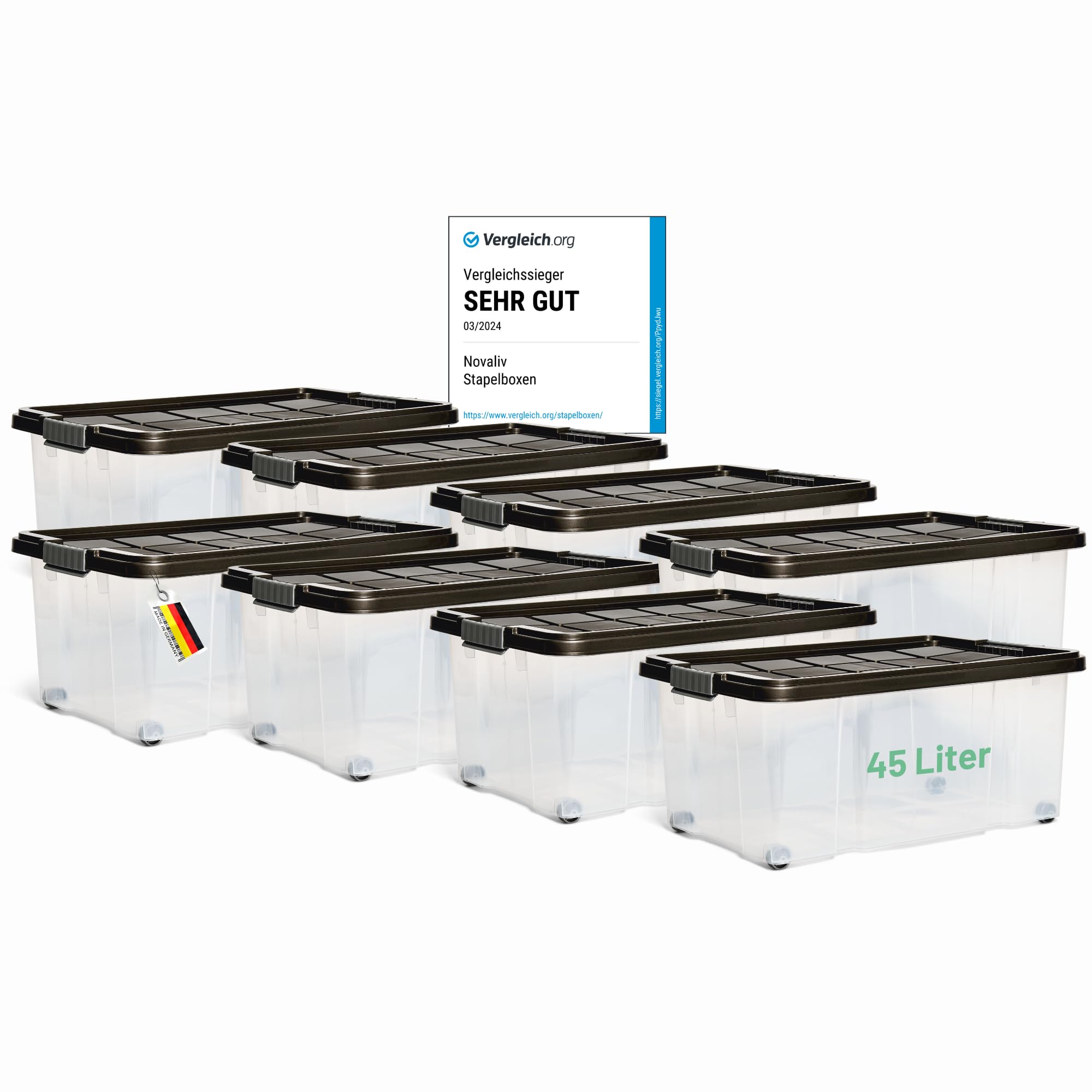 8 cajas de almacenamiento con tapas, grandes, 45 L, color antracita, apilables, con cierre de clip, de plástico, sin BPA, 61 x 40 x 26 cm
