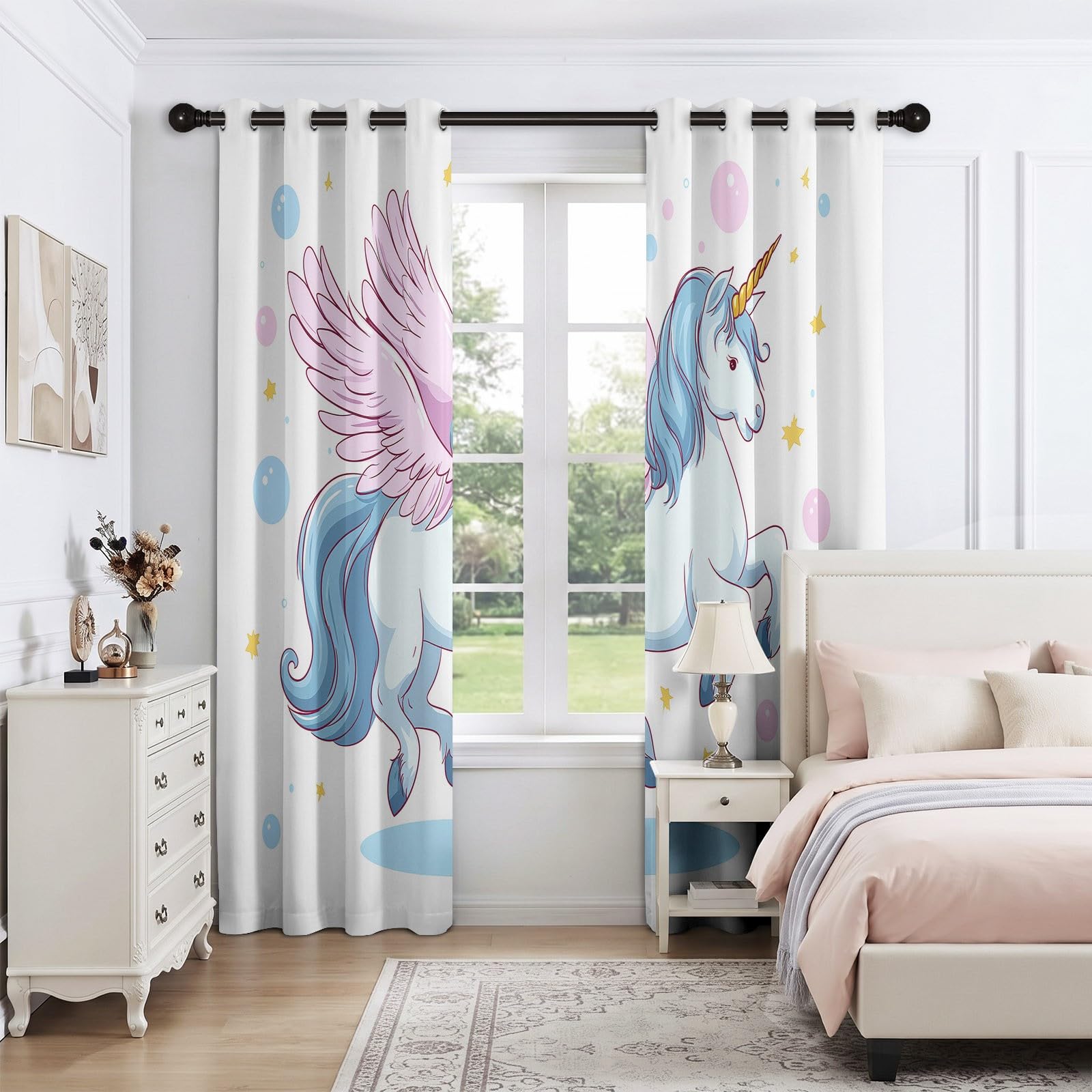Générique Fantaisie Enfantin Animaux Rideau Occultant 110 X 215 cm (L x H), Lot De 2 Rideaux Ailes De Licorne à œillets Isolants Thermiquement Draperies pour Decoration Salon Chambre Fenetre